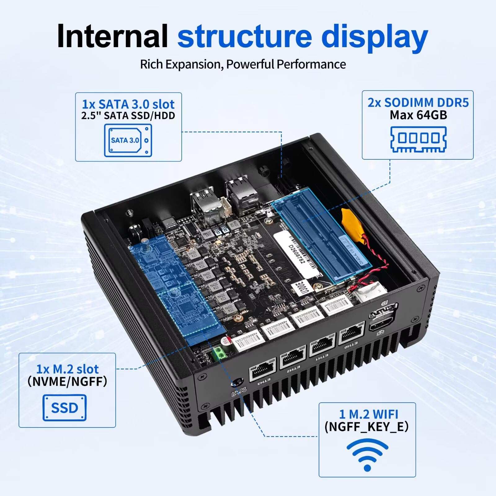 Firewall Mini PC U300E, 4x 2.5GbE i226V LAN, Fanless, DDR5 32G RAM 512G SSD