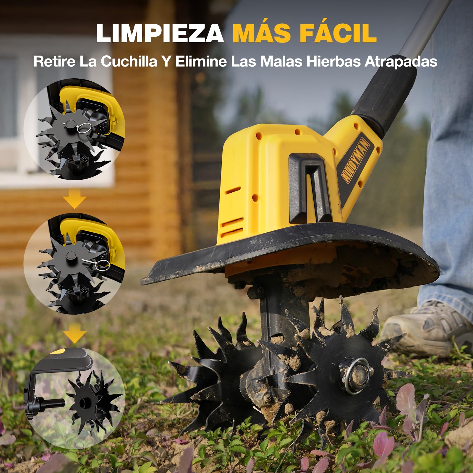 Alloyman Motoazada eléctrica de 20V MAX, cultivador de jardín, 360 RPM, con 2 baterías de 4,0 Ah y Cargador, Ancho de Trabajo de 23 cm, Profundidad de 17 cm, motoazada para Suelos