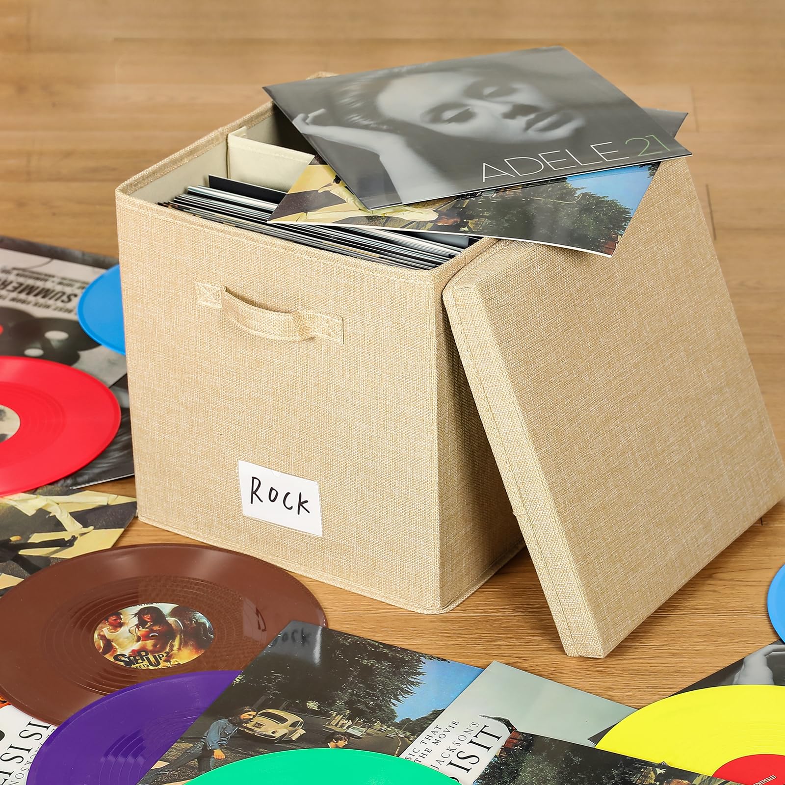 Caja Almacenamiento Vinilos 12 Caja Cubo Apilable Para Almacenar Discos De Vinilo LP 12" - Hecha De OSB, Capacidad Para 50-100 Discos, Natural Expositor Discos Vinilo