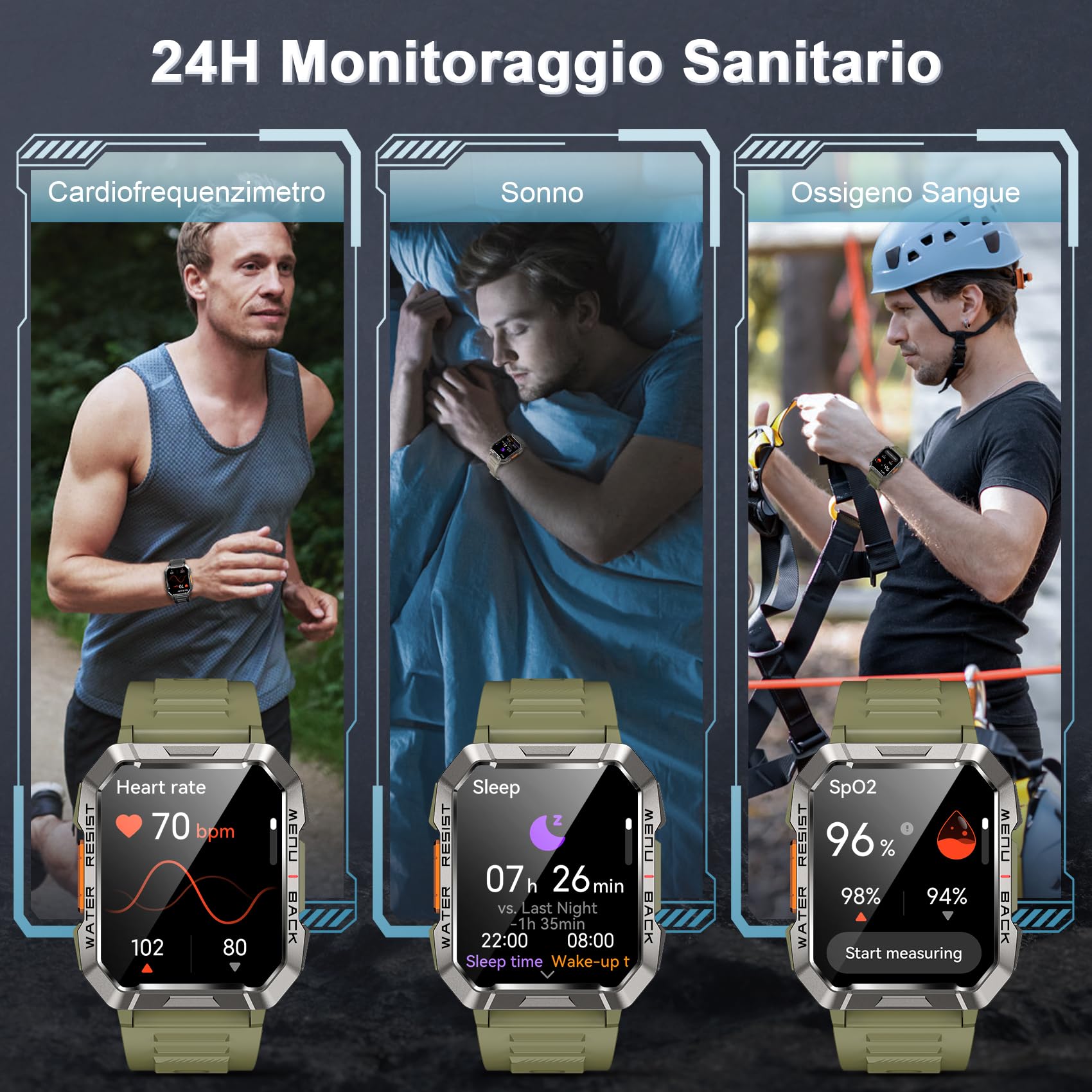 Militare SmartWatch Uomo(Rispondi/Effettua Chiamate), Fitness Tracker con Torcia/Bussola/900mAh Batteria /24H Cardiofrequenzimetro/Sonno/ SpO2/100+ Modalità Sport per Android IOS (2 Cinturini)