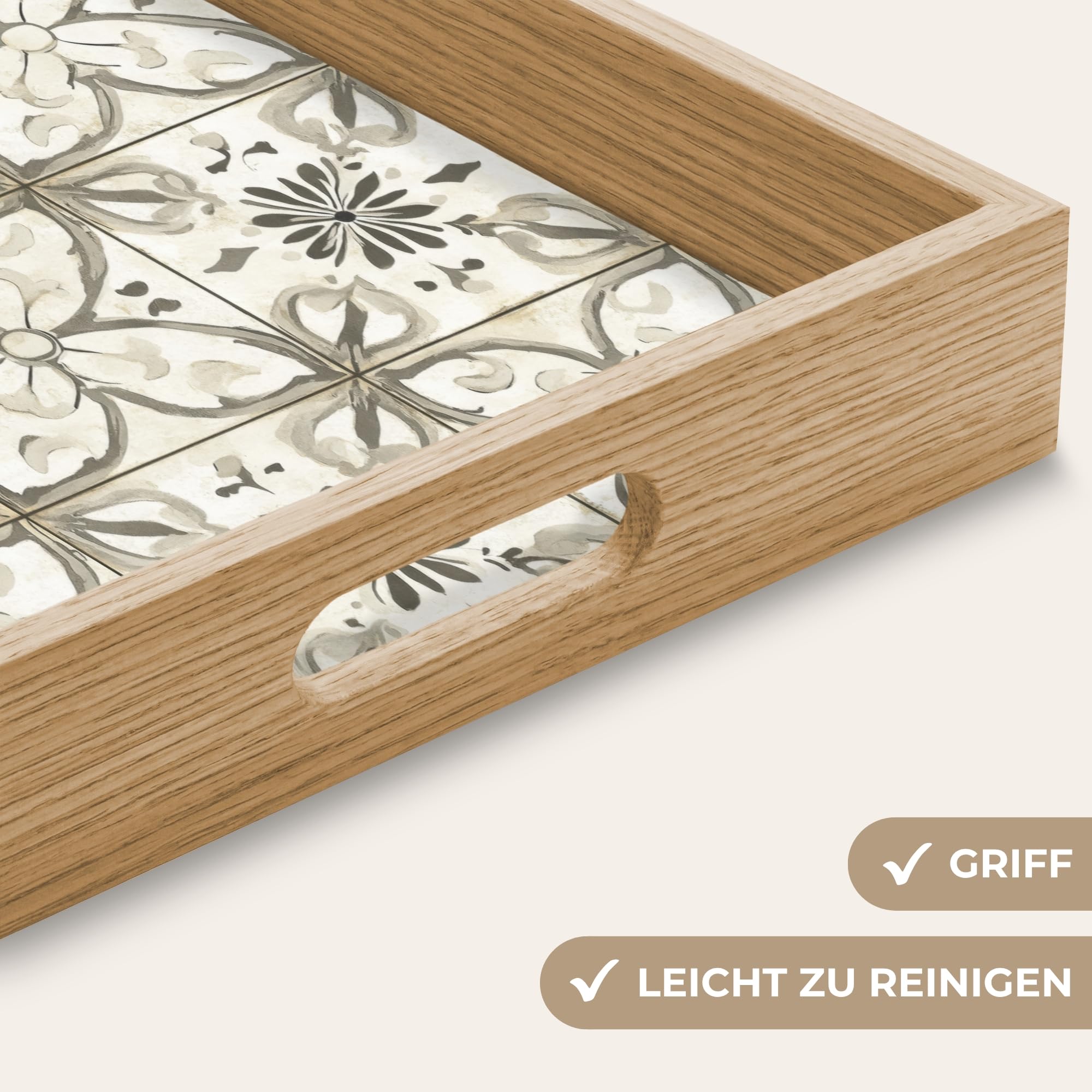 Holztablett Rechteckig 50x35 cm Küchentablett Servier Tablett Eiche Serviertablett Holz Servierplatte Mit Henkel Tray Kaffeetablett Antik - Fliese - Beige