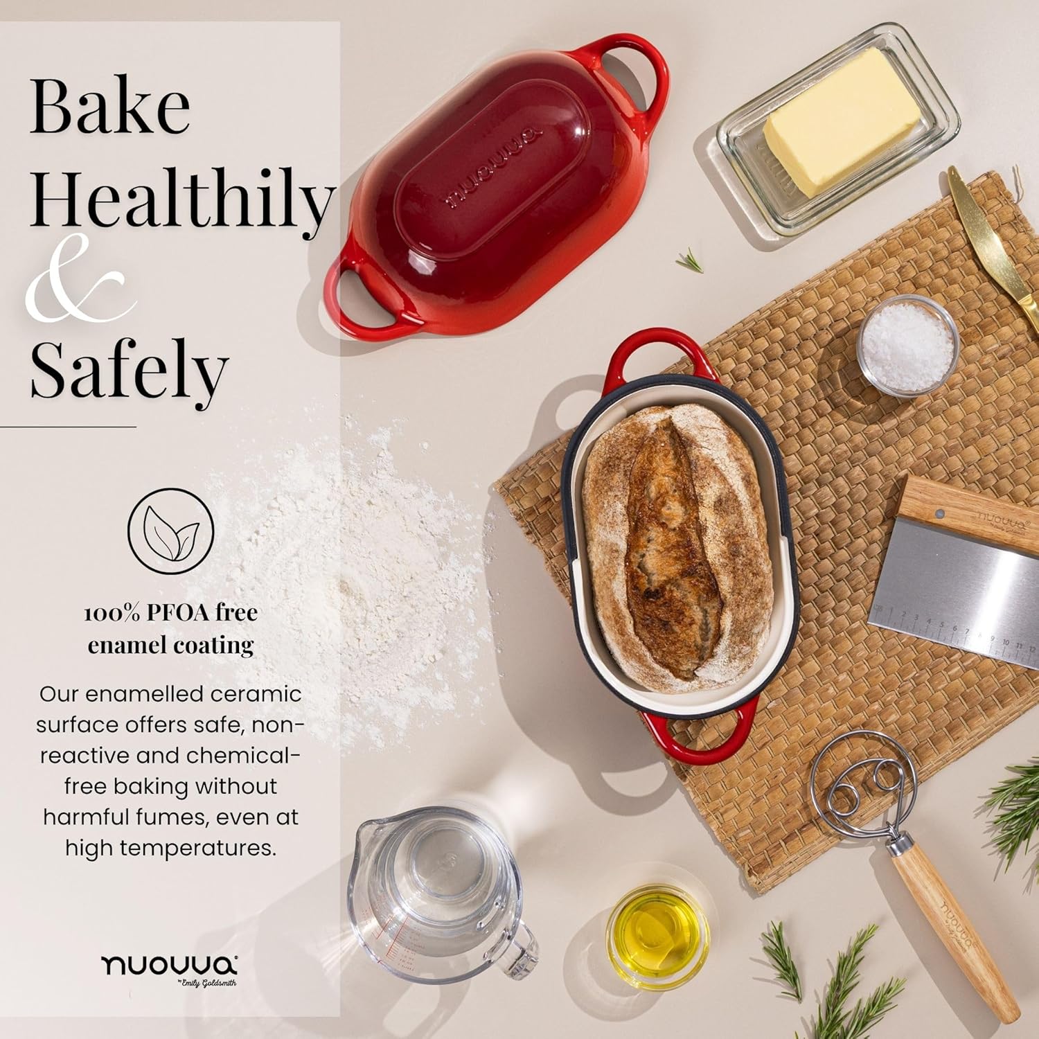 Dutch Oven For Sourdough Bread Baking – Enamelled Cast Iron Bread Loaf Pot – Oven Safe Non Stick Bread Pot – Rectangular, Red, 24cm x 16cm – by Nuovva