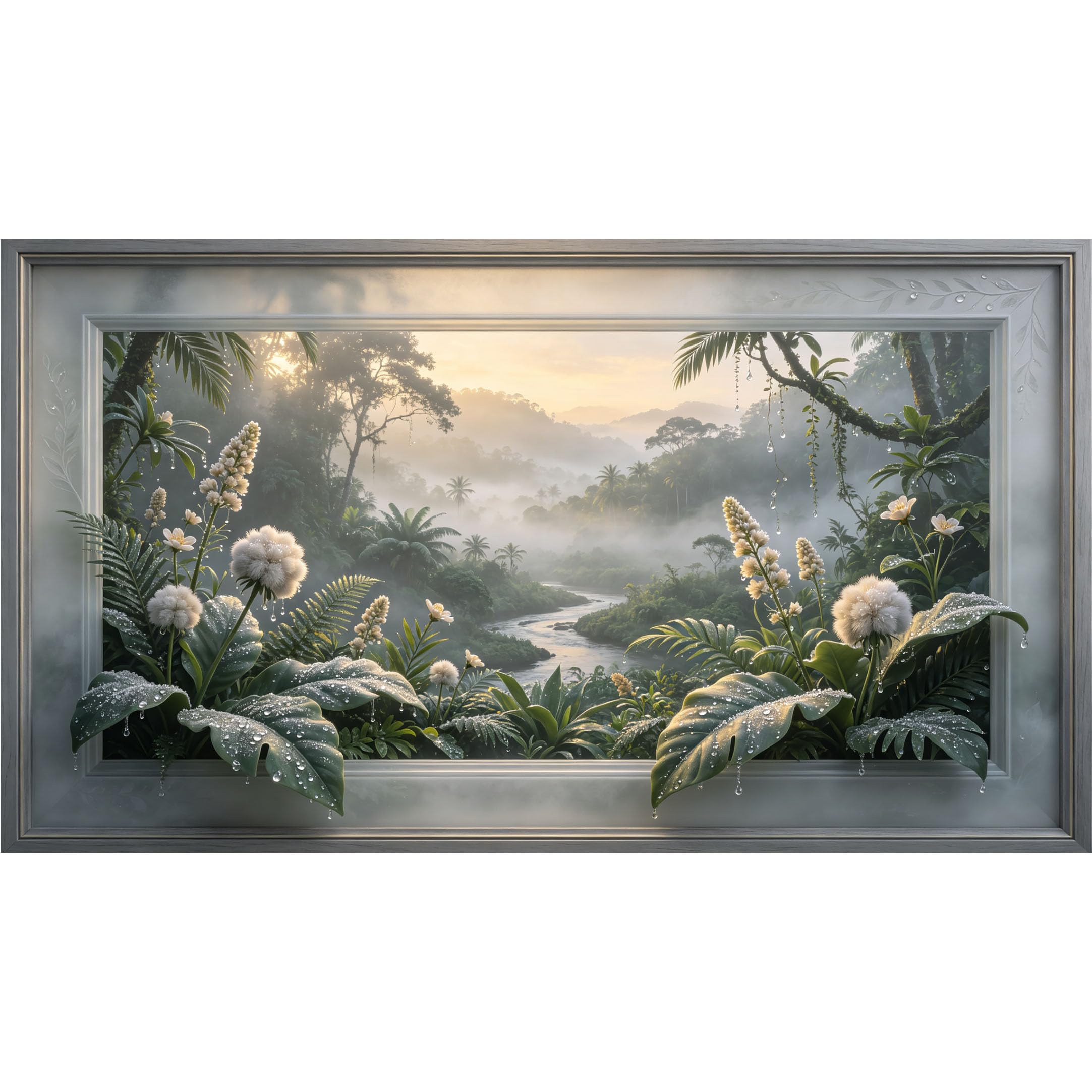 QZLITHOTIC 50x90cm3D Framed Wall Art， Tropical Misty Jungle Landscape SelfAdhesive Mural， WaterActivated Peel & Stick Fabric Decor Wall Decal for Bedroom Living Room
