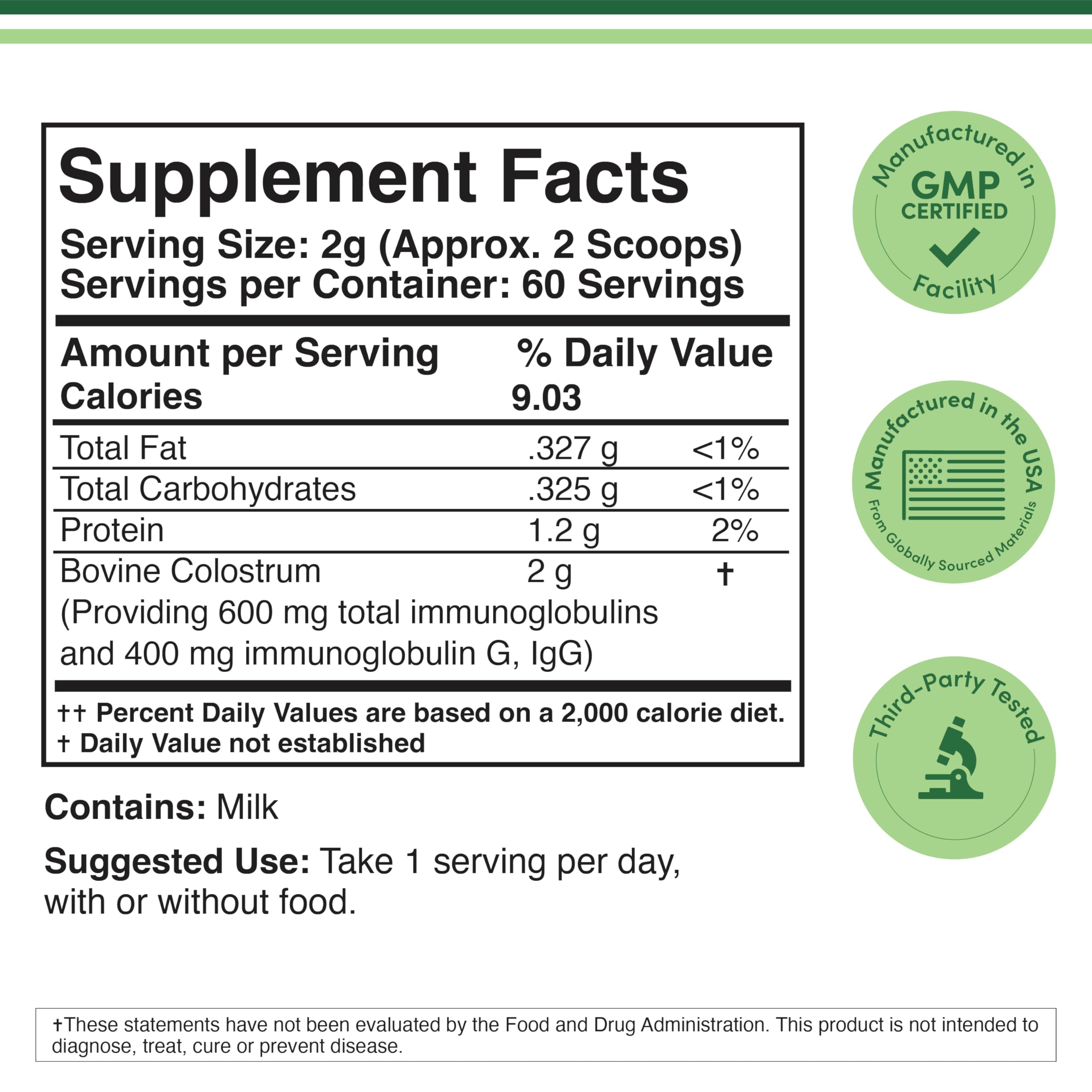 Double Wood Supplements Bovine Colostrum Powder for Women and Men, for Gut Health, Skin & Hair, Immune Support (120 Grams, 60 Day Supply - Standardized to 30% Total Immunoglobulins and 60% Protein) — Amazon image 2