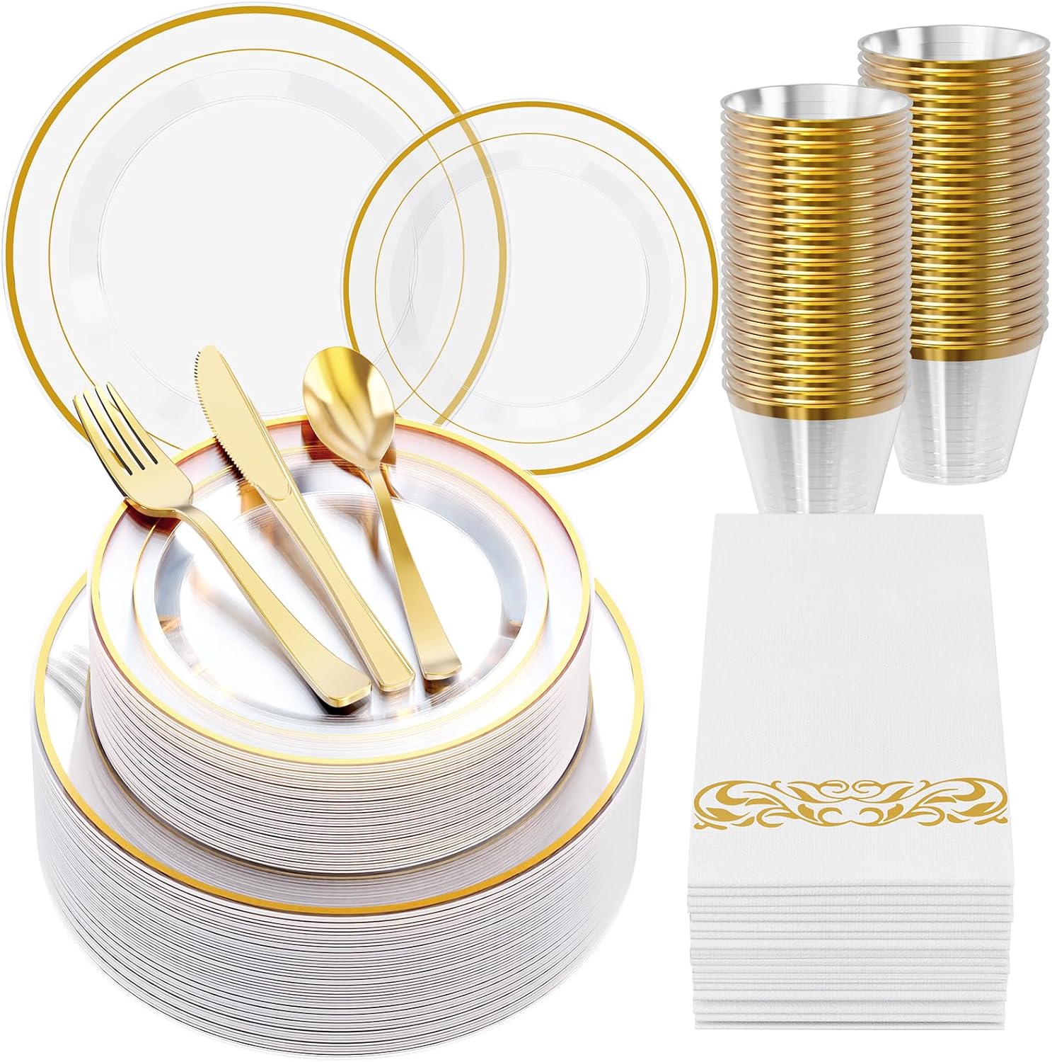 FOCUSLINE 350 Clear Gold Dinnerware Set for 50 Guests, Clear Plastic Plates with Gold Rim Disposable Heavy Duty, Including 50 Dinner Plates, 50 Dessert Plates, 50 Napkins, 50 Cups, 50 Silverware Set FOCUSLINE 350 Clear Gold Dinnerware Set for 50 Guests, Clear Plastic Plates with Gold Rim Disposable Heavy Duty, Including 50 Dinner Plates, 50 Dessert Plates, 50 Napkins, 50 Cups, 50 Silverware Set