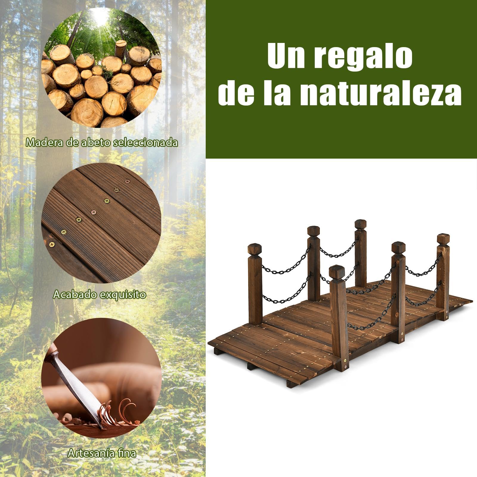 SOARS Puente de Jardín Madera con Barandilla y Cadenas, Puente de Pie Decorativo de Abeto con Capacidad de Carga de hasta 180 Kg, 150 x 67 x 55 cm, Puente Decorativo para Jardín, Estanque y Arroyo
