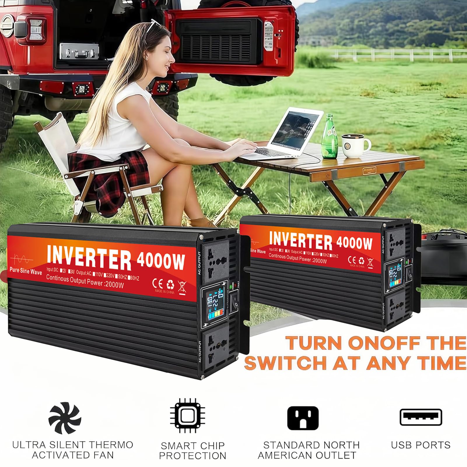 Inversor de Corriente para Coche de 2000W, 12V/24V/48V/60V/72V CC a 110V/230V CA, Inversor de Onda Sinusoidal Pura, Potencia de Sobretensión de 4000W, con Tomas de CA para Ry, Camión(Size:12V to 230V)