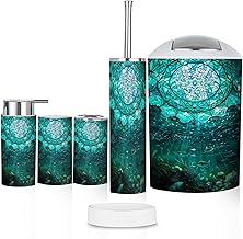 Bathroom Accessory Set 6 Piece Teal Blue Mandala Underwater View Stained Poster Toothbrush Cup Toothbrush Holder Soap Dispenser Soap Dish Trash Can with Lid Toilet Brush Holder Counter Decor