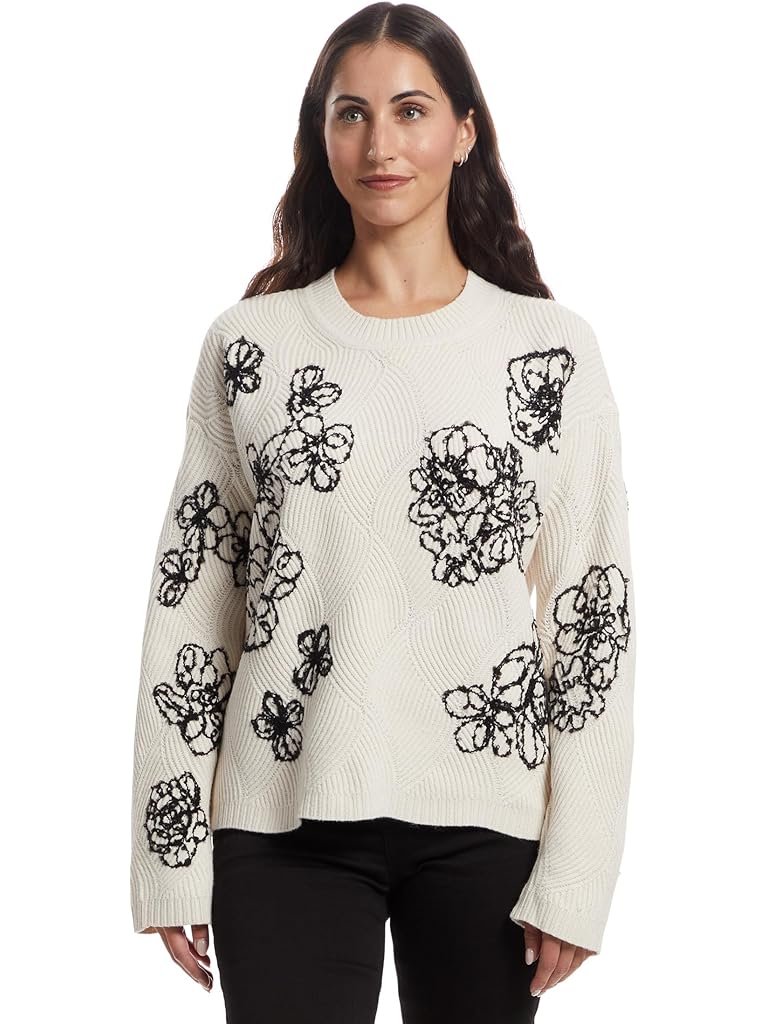 Black Vince Camuto Embrodiery Long Sleeve Crew Neck