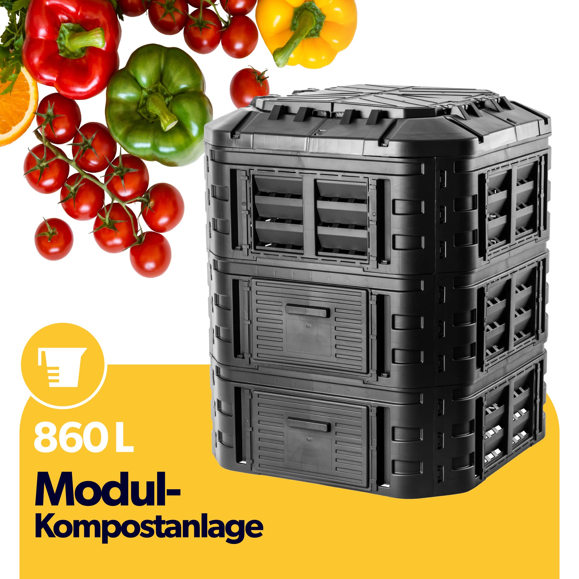 KADAX Modul-Kompostanlage, Schnellkomposter aus Kunststoff, Komposter mit Druckknöpfen, schwarzer Thermokomposter mit klappbarem Deckel (860L)