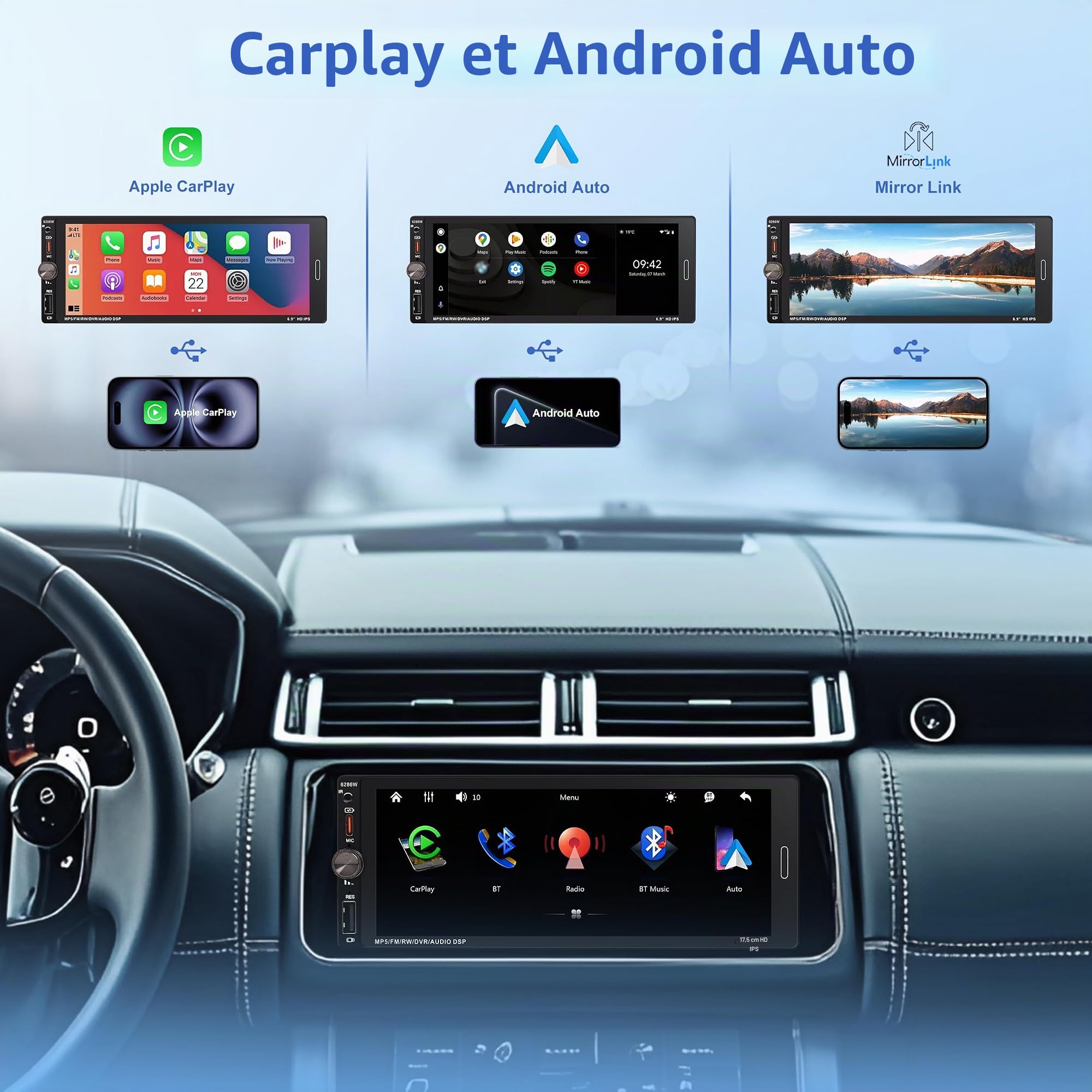 Autoradio 1 DIN BT, écran Tactile 6,9 ​​Pouces, Compatible CarPlay et Android Auto,FM, kit Mains Libres, Microphone, Charge Rapide, caméra embarquée, USB/Type-C