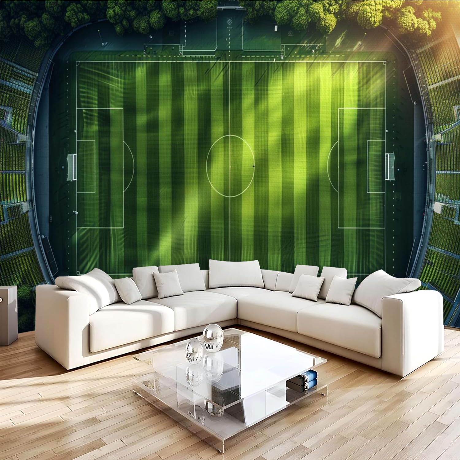 Mural de pared decorativo 300 x 210(WxH) Campo De Fútbol Decorativos Pared Papel Pintado no tejido Verde Paisaje para pared destacada de dormitorio, salón y fondo de TV2M596