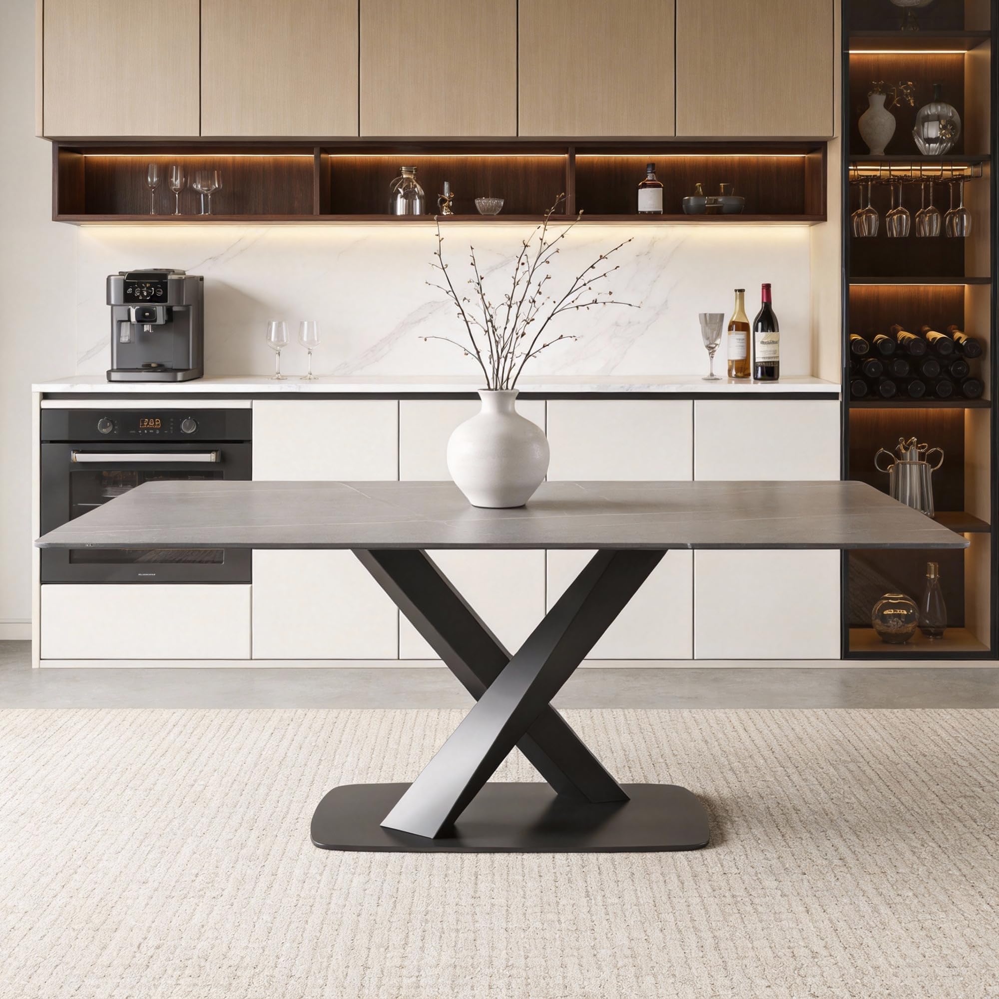 Elegante tavolo da pranzo in marmo grigio da 140 cm, piano quadrato moderno in pietra sinterizzata con robusta base a X nera, ideale per sala da pranzo contemporanea e decorazione della casa