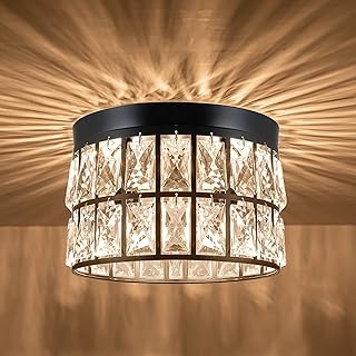 KARMIQI Crystal Ceiling Light, 2-Light Black Flush Mount Chandelier Modern Hallway Ceiling Light Fixtures for Bedroom Kitc...