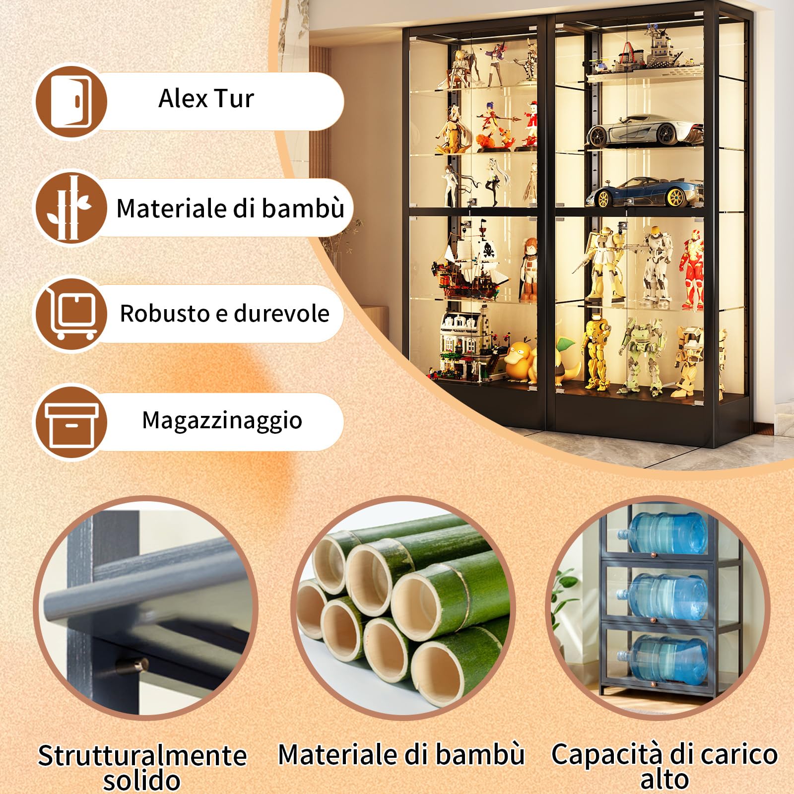 Vetrina Espositiva Per Collezionismo,Vetrina multifunzionale in bambù, Design Della Porta dell'armadio a Ribalta,Vetrinetta Espositiva per Uffici, Camere da Letto, Soggiorni