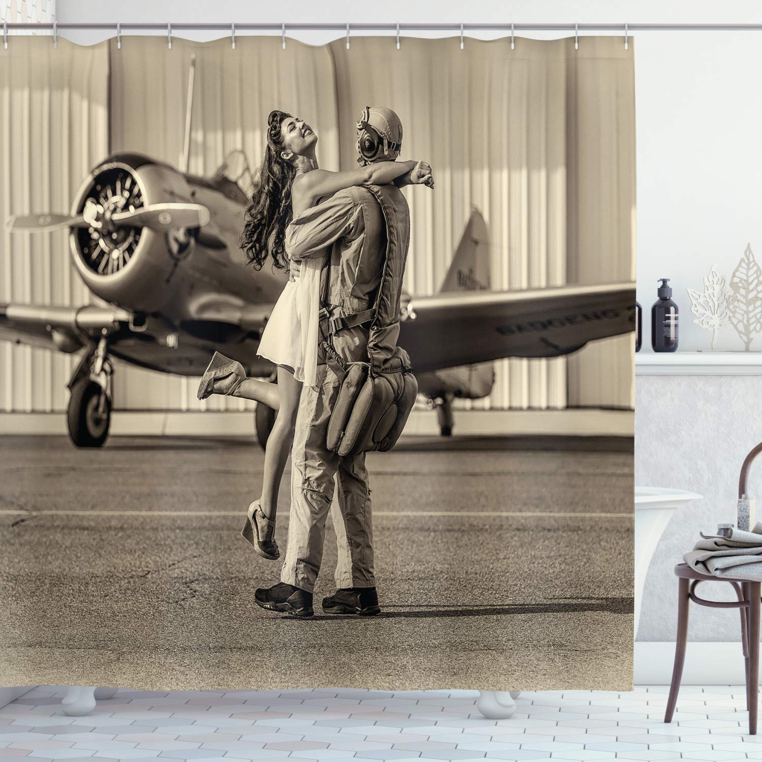 ABAKUHAUS Vintage Airplane Shower Curtain, Brunette Young Woman Hugging a Pilot Historical Aircraft Homecoming Image Print, Cloth Fabric Bathroom Decor Set with Hooks, 86 Inches Extra Long, Sepia