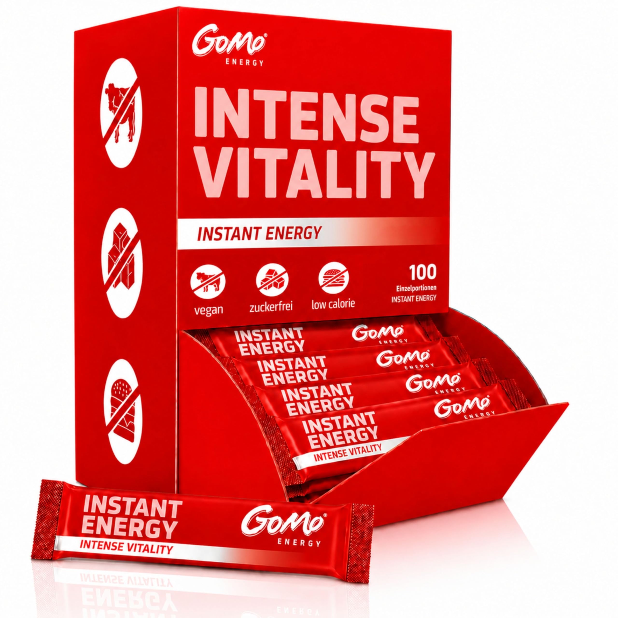 GoMo ENERGY® Energiegetränk ohne Zucker I Wachmacher mit L-Carnitin, Koffein, Vitamin-B-Komplex hochdosiert I Getränkepulver mit beerigem Holunder Geschmack I INTENSE VITALITY (100 Stk)