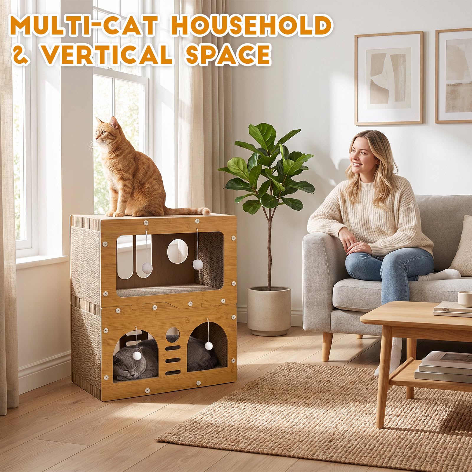 Griffoir pour chat, maison pour chat en carton à 2 étages avec balle suspendue, griffoir pour l'intérieur, grand espace pour chat, meubles pour chats multiples, empêche les dommages aux meubles – 51 x