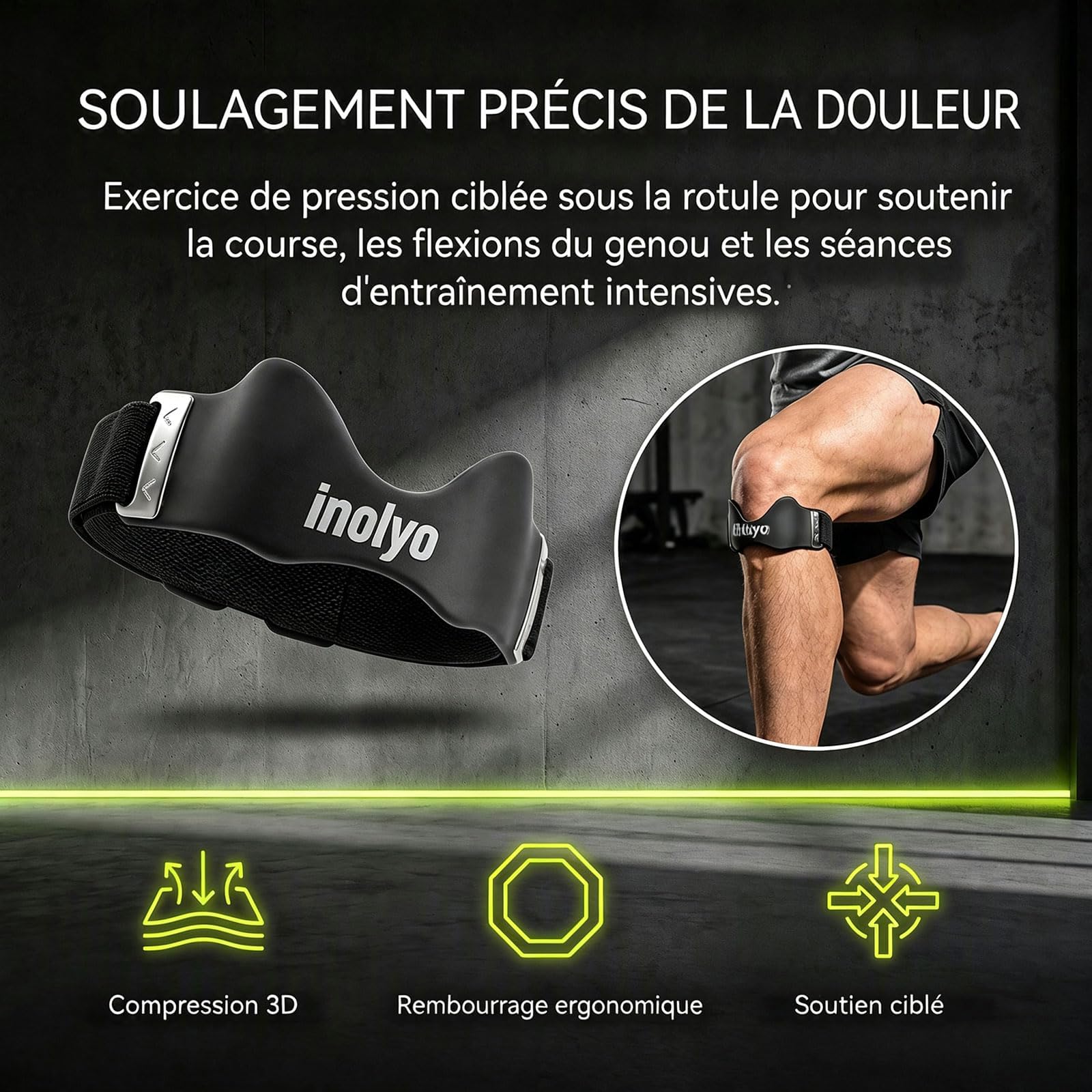 Inolyo Pour Genoux, Sangle Rotulienne Genoux, Genouillere Arthrose Genou, Sangle Silicone Ajustable, Respirante, Antidérapante, pour la Course, le Sport et les Activités Quotidiennes