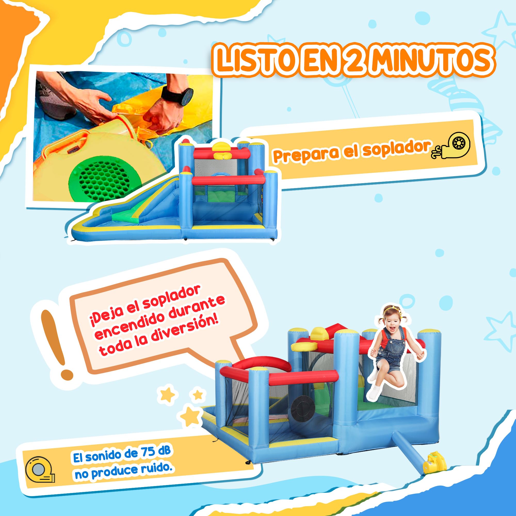 AIYAPLAY Castillo Hinchable con Soplador 5 en 1 Parque Acuático Hinchable para Niños con Tobogán Piscina Diana y Canasta para Exterior Interior 385x290x180 cm