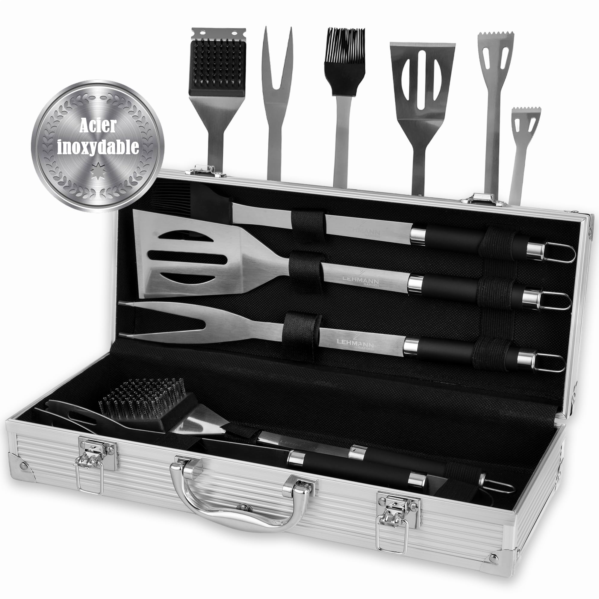 LEHMANN Kit Barbecue Acier Inoxydable 5 pcs Set Accessoires avec Mallette