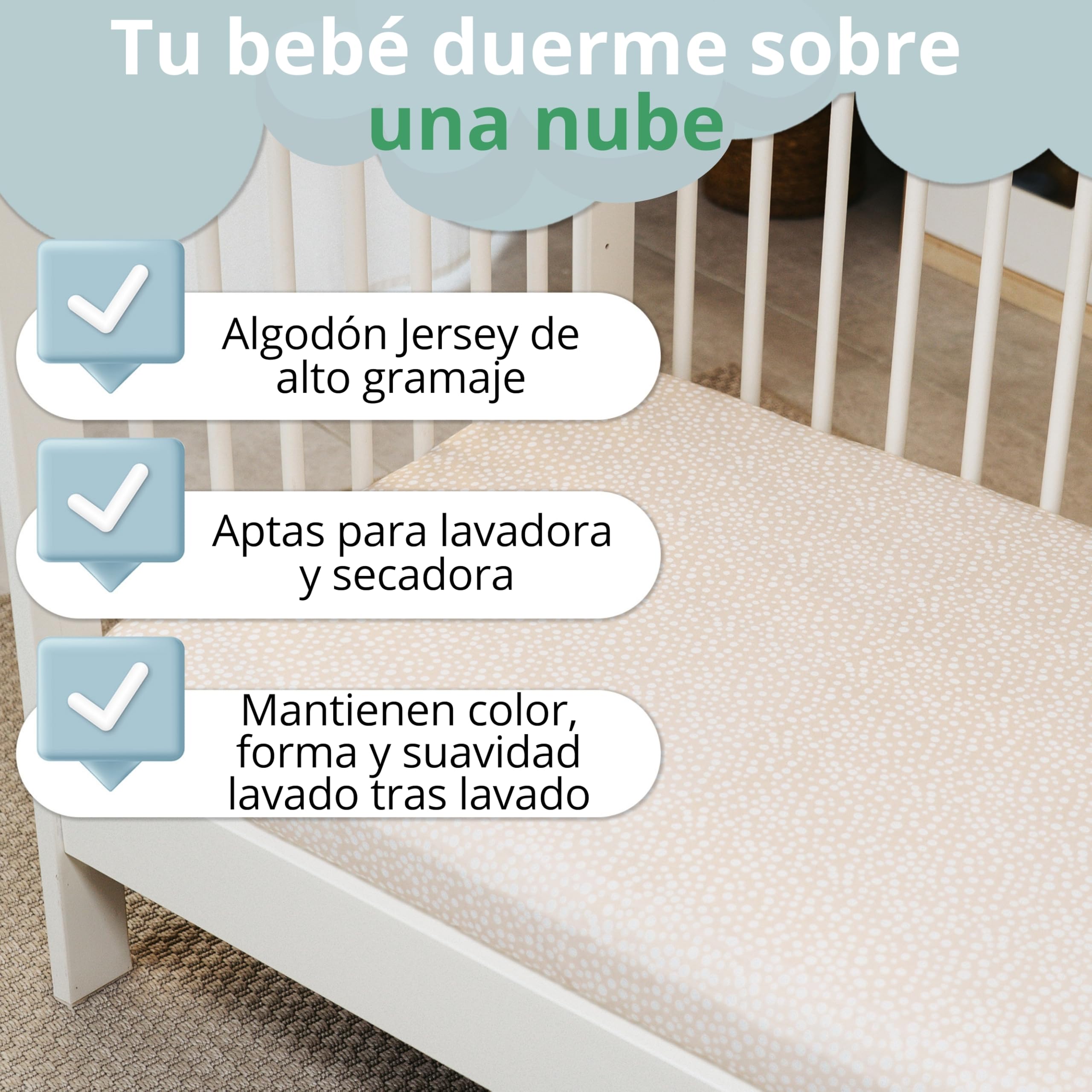 Set Sabanas Cuna 70x140. 2 Sabanas Bajeras de Algodon Jersey + 1 Protector de Colchon Impermeable de Rizo para Cama Bebe. Certificado OekoTex. Estampado Beige 140 x 70