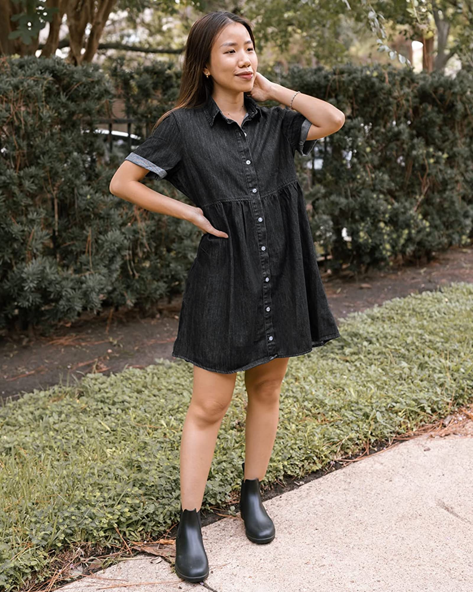 LookbookStore Women's Short Sleeve Button Down Flowy Tiered Babydoll Denim Dress