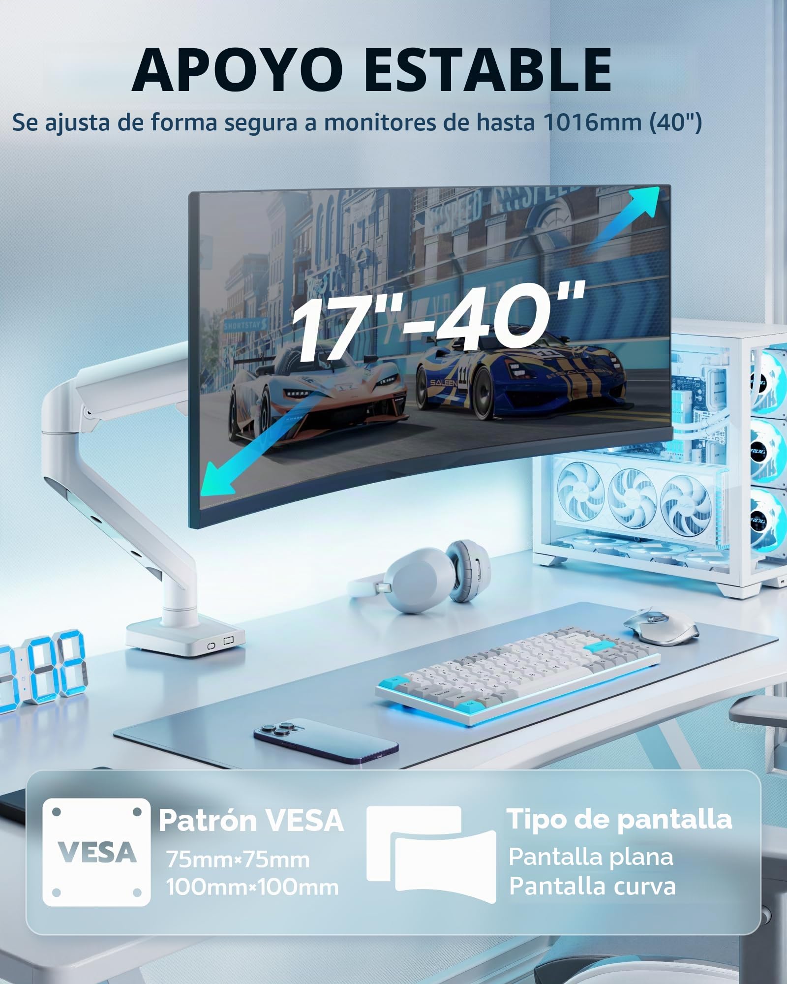 ARES WING Soporte de Monitor 17"-40" para Pantallas Planas y Curvas, Brazo de Monitor Altura Ajustable, Carga Máxima 12 kg, Compatible con VESA 75x75/100x100, Montaje de Escritorio Ergonómico