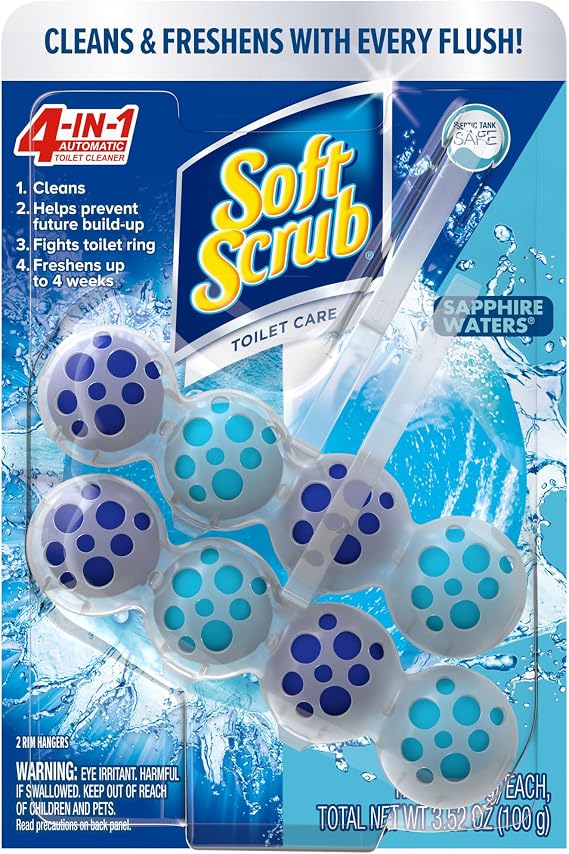 Soft Scrub 4-in-1 Rim Hanger Toilet Bowl Cleaner, Sapphire Waters, 2 Count | Fights stubborn ring and buildup, Fresh scent lasts up to 4 weeks, Prevents future residue, Includes 2 rim hangers