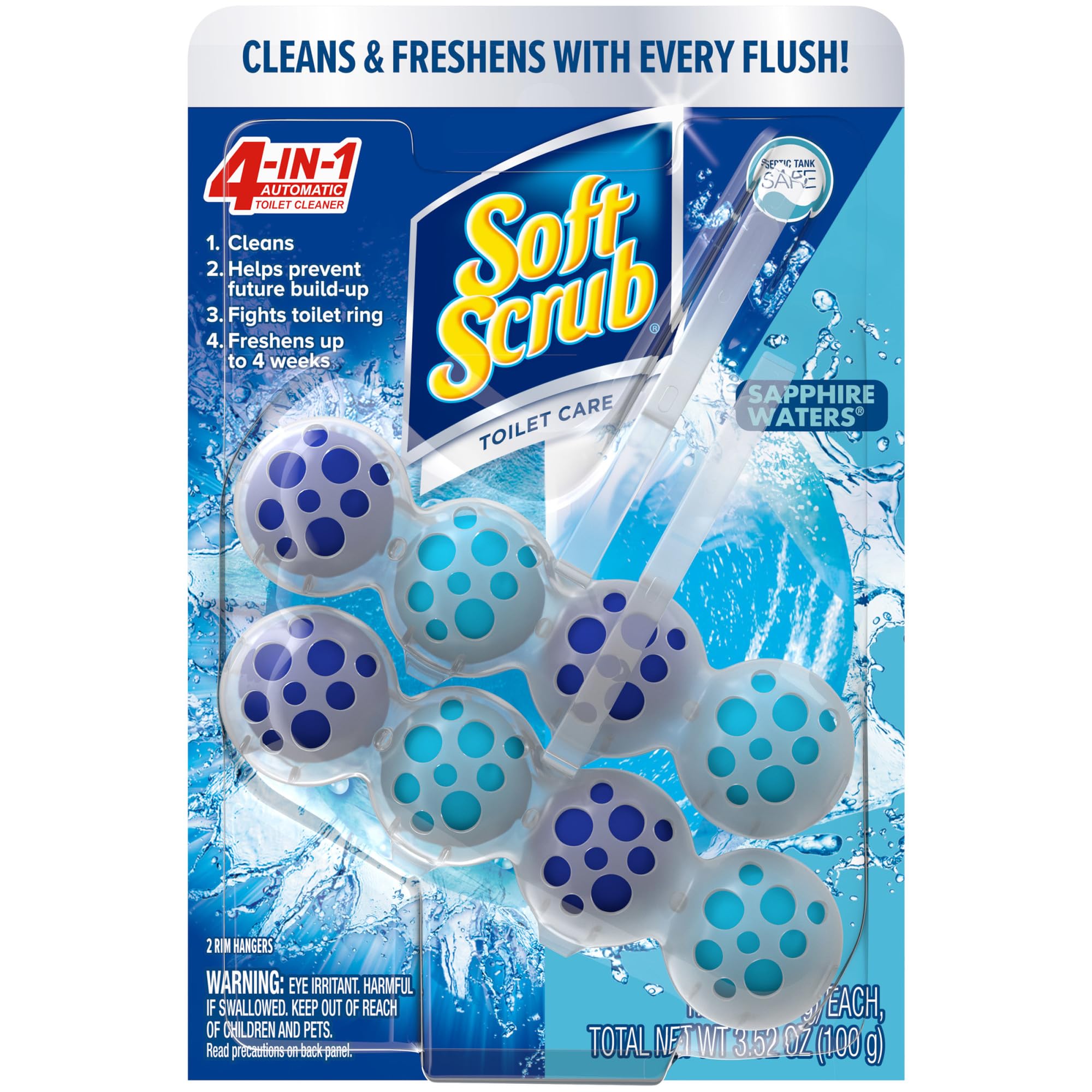 Soft Scrub 4-in-1 Rim Hanger Toilet Bowl Cleaner, Sapphire Waters, 2 Count