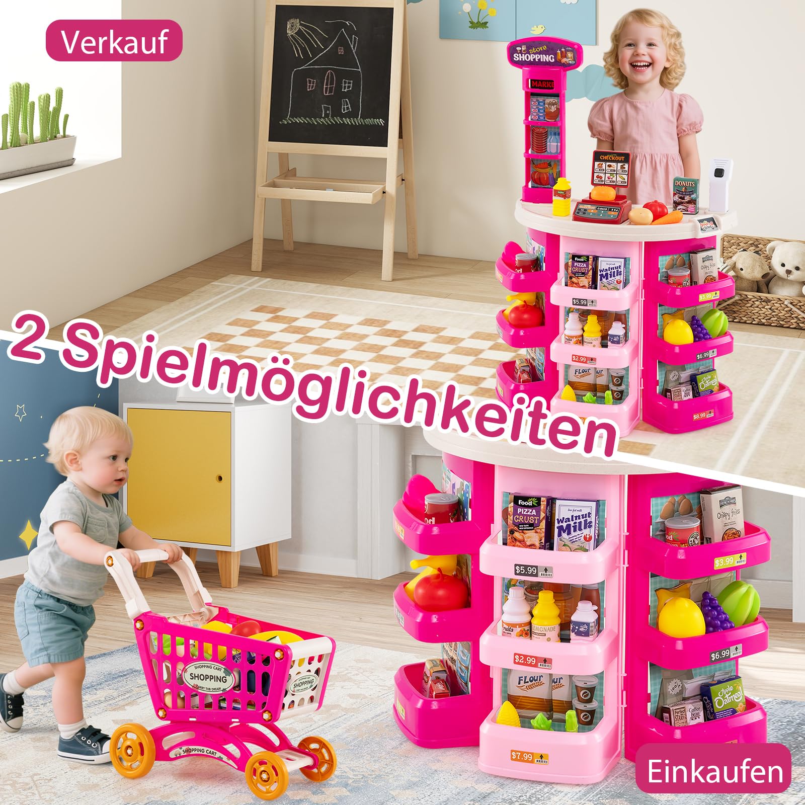 COSTWAY Kaufladen mit Einkaufswagen, Kinder Kaufmannsladen mit Waage, Regalen, Scanner mit Licht & Sound, Supermarkt inkl. Spiel-Lebensmittel & Zubehör, Einkaufsladen für Kinder ab 3 Jahren (Rosa)