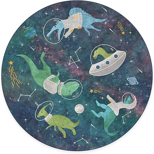 RUGGABLE Dinosaur Space - Alfombra redonda perfecta para niños, lavable para guardería, sala de juegos, habitación de niños, apta para mascotas y