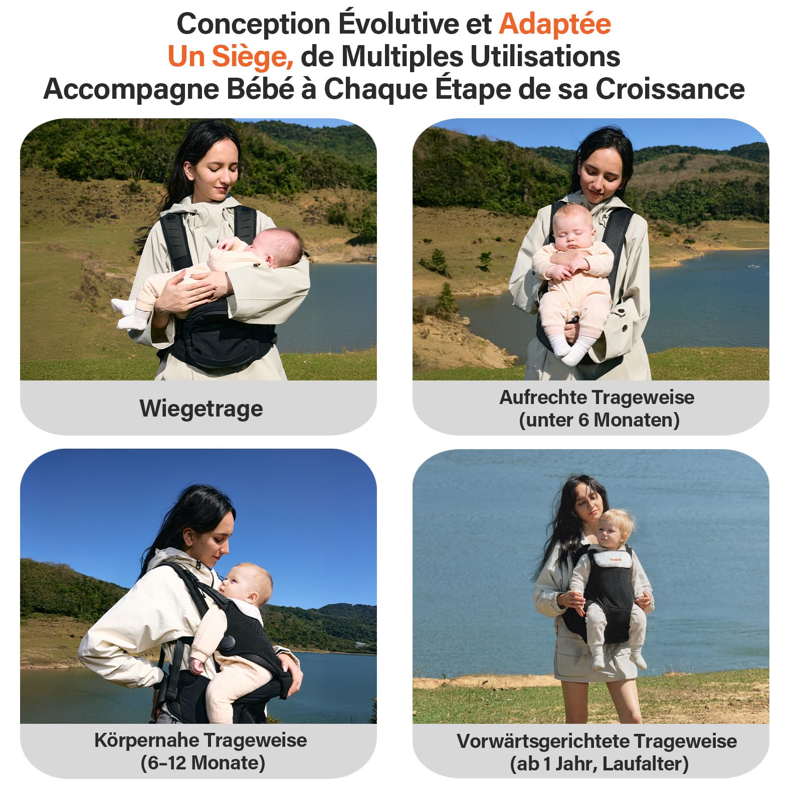 Porte-Bébé Ergonomique avec Siège de Hanche, 4D Respirante, Système 2-en-1 Multi-Positions, Confortable et Réglable, Noir