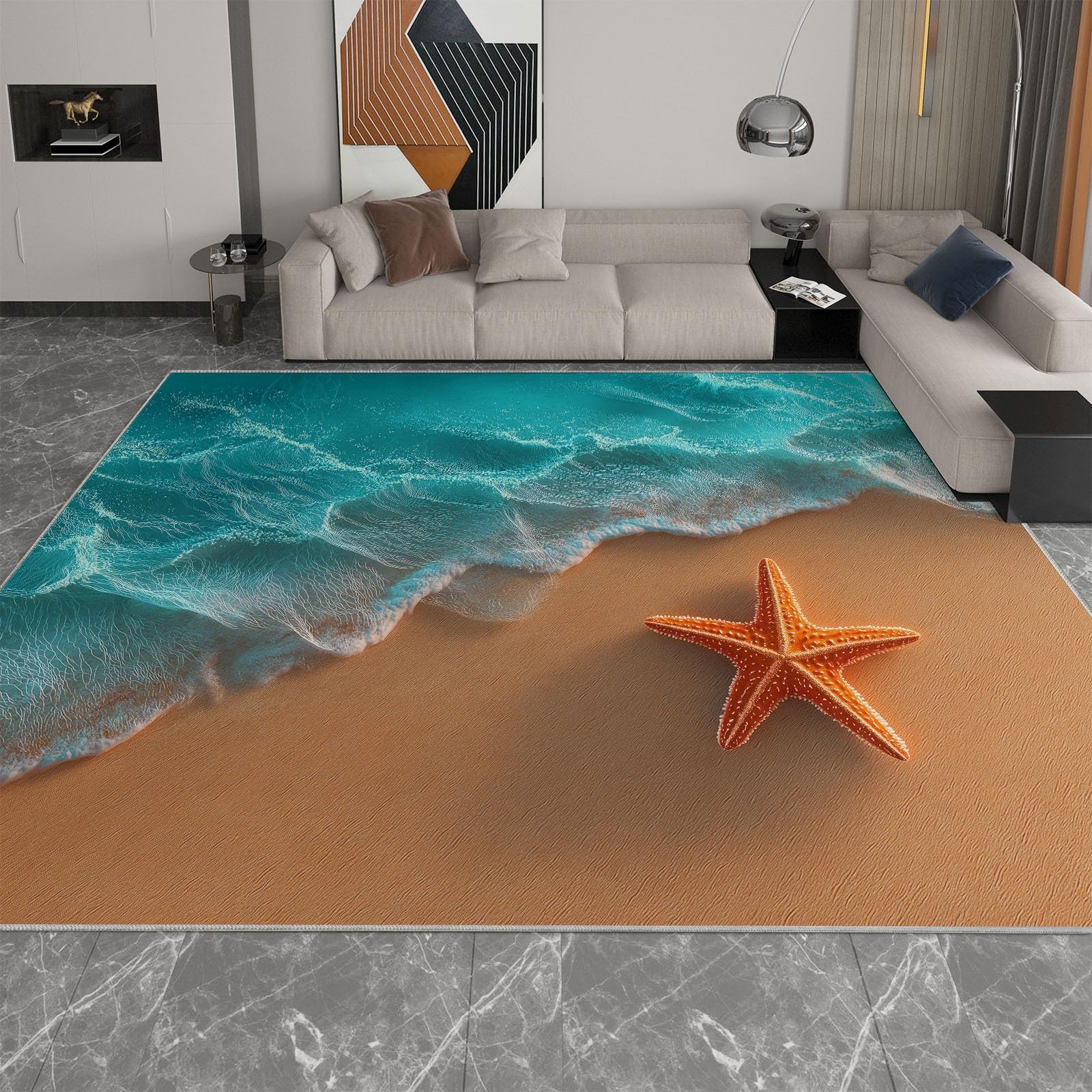 Alfombra de área de 100 x 160 cm, diseño de olas de playa y estrellas de mar, lavable, antideslizante, para fotografía de naturaleza, alfombra para dormitorio, sala de estar, alfombra de suelo de pelo
