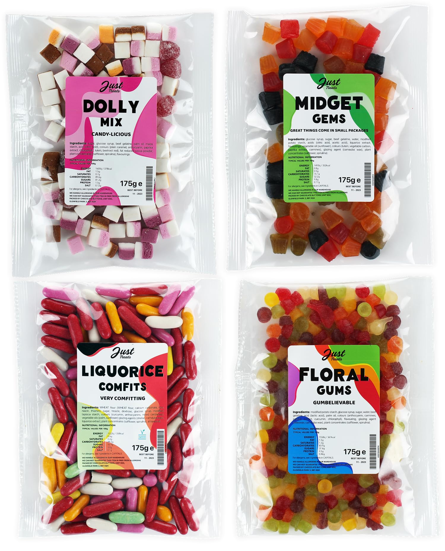 Just Treats Sweet Quartet - Lion Midget Gems, Squirrel Floral Gums, Liquorice Comfits, Dolly Mixture (4 x 175g Bags) - 7,20,22,26