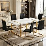 Modern Dining Table Set for 6, 55'' Dining Room Table Set with 6 Faux Leather Chairs, White Wood Tabletop with Gold Metal Legs, Suitable for Small Space