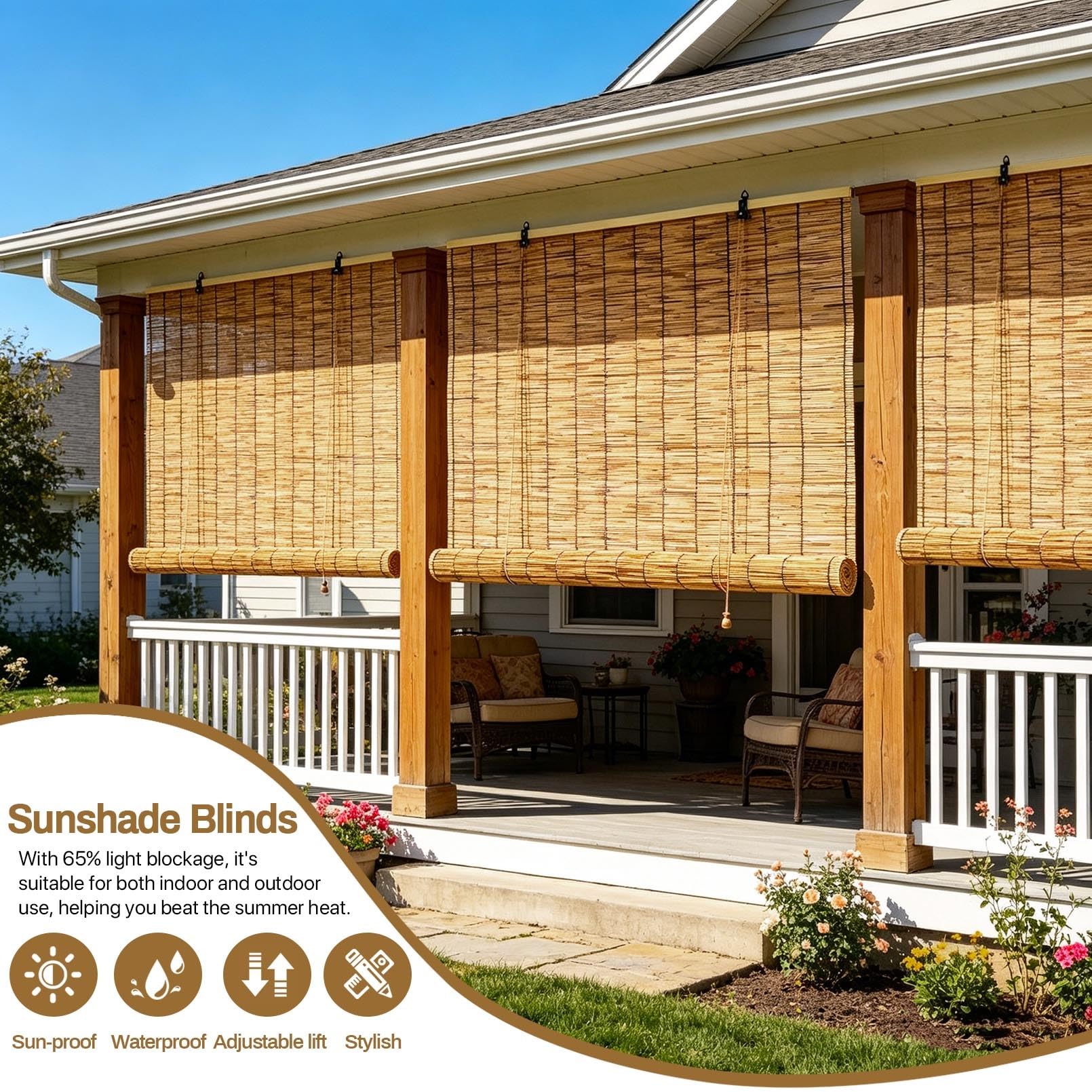 Store Enrouleur Extérieur Naturel Store Bambou Extérieur 100x200 120x160 150x180 150x200cm Rideau De Roseau Avec Levage Stores Venitien Bois Pare Soleil Balcon Terrasse Pergola Fenêtre(W130cmxL200cm)