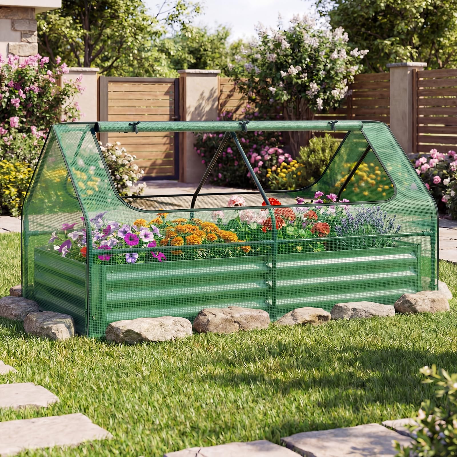 SAFSTAR Raised Garden Bed with Cover, 6FT x 3FT x 3FT Galvanized Bottomless Garden Bed with Greenhouse, Dual 2-Tier Roll-Up Windows, Outdoor Metal