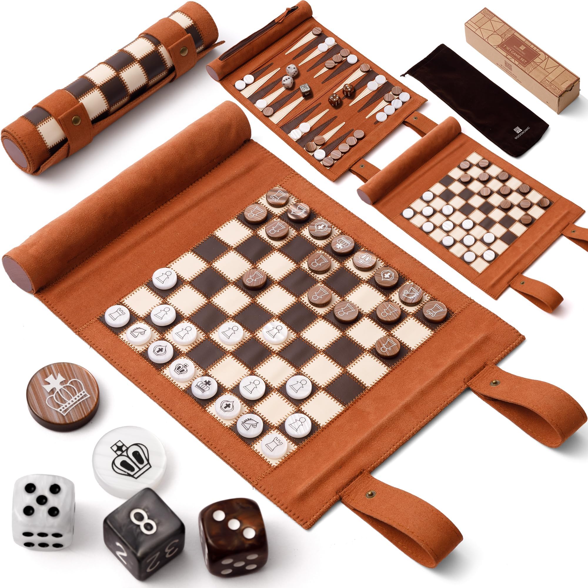 Woodronic 3 in 1 Travel Chess Backgammon Checkers Set, Roll-up Leather Backgammon Set with 32 Premium Pearl Pieces and 5 Dices, Portable Travel Chess Board Game Set for Adult,14x10 Inch