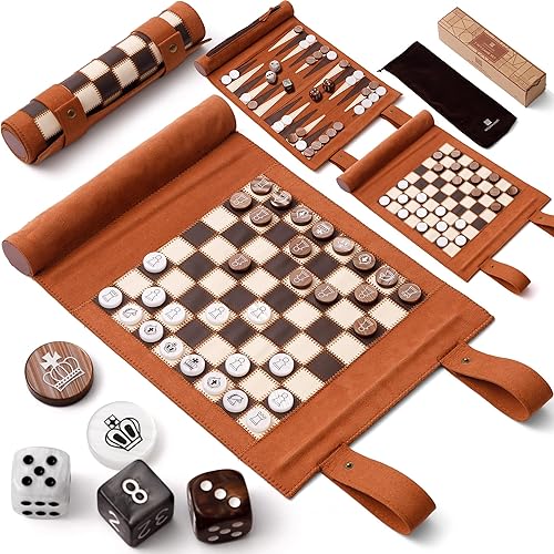 Woodronic Juego de damas de backgammon de ajedrez de viaje 3 en 1, juego de backgammon de cuero de alta calidad enrollable con 32 piezas de madera y
