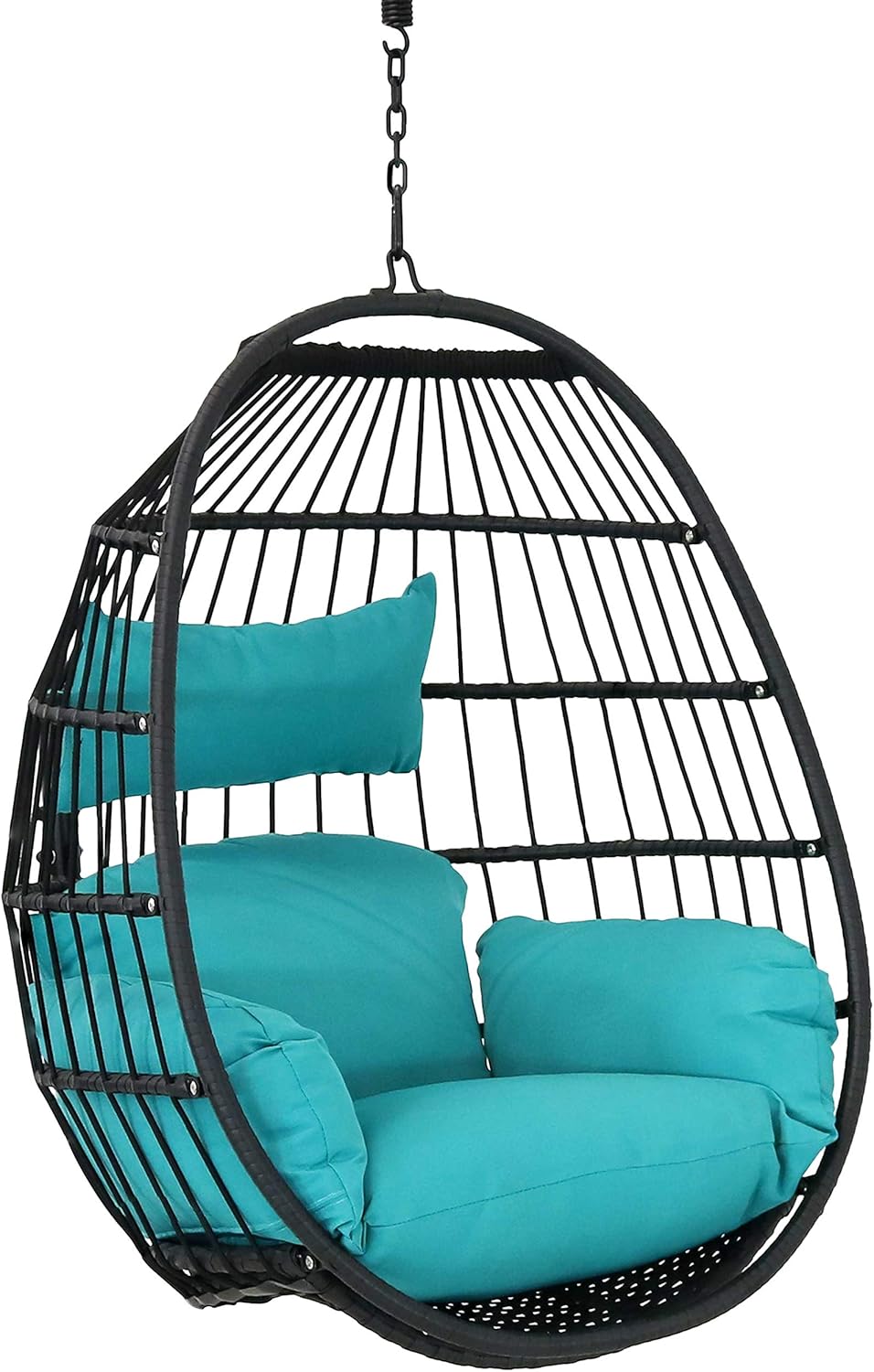 Sunnydaze Dalia Black Steel and Polyethylene Wicker Hanging Egg Chair with Teal Polyester Seat Cushions - 45-Inch Tall