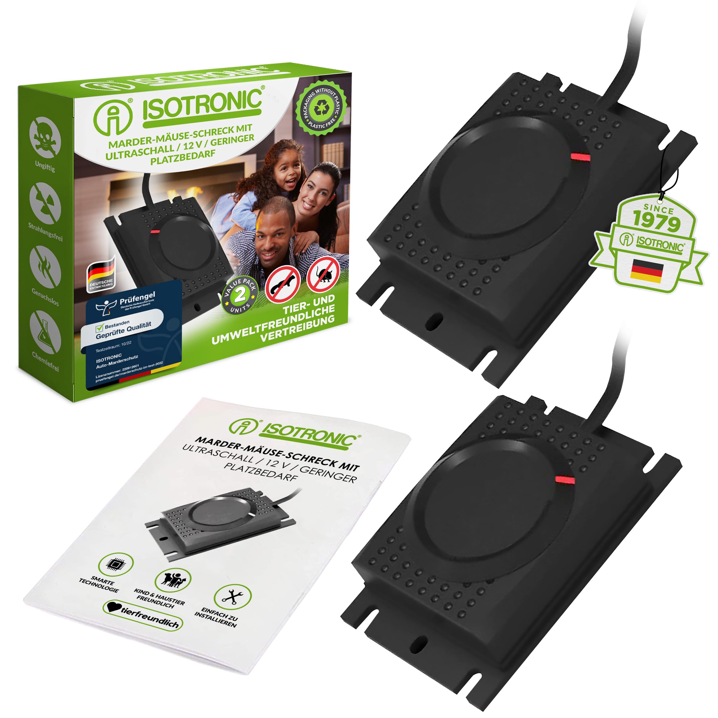 ISOTRONIC Ultraschall Marderschreck Auto – Marderabwehr zum Anschluss an 12V Autobatterien – Marderschutz CAN-Bus geeignet – Anti Marder Abwehr mit 40m² Wirkungsbereich (2 Stück)