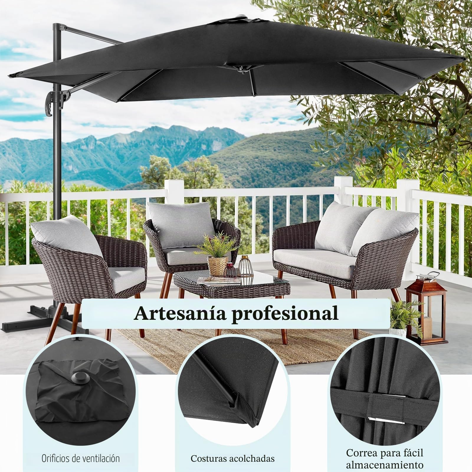 RELAX4LIFE Sombrilla de 300 cm de diámetro, sombrilla con ángulo ajustable y manivela, sombrilla de jardín con base en cruz, sombrilla de mercado, protección UV y repelente al agua, para balcón