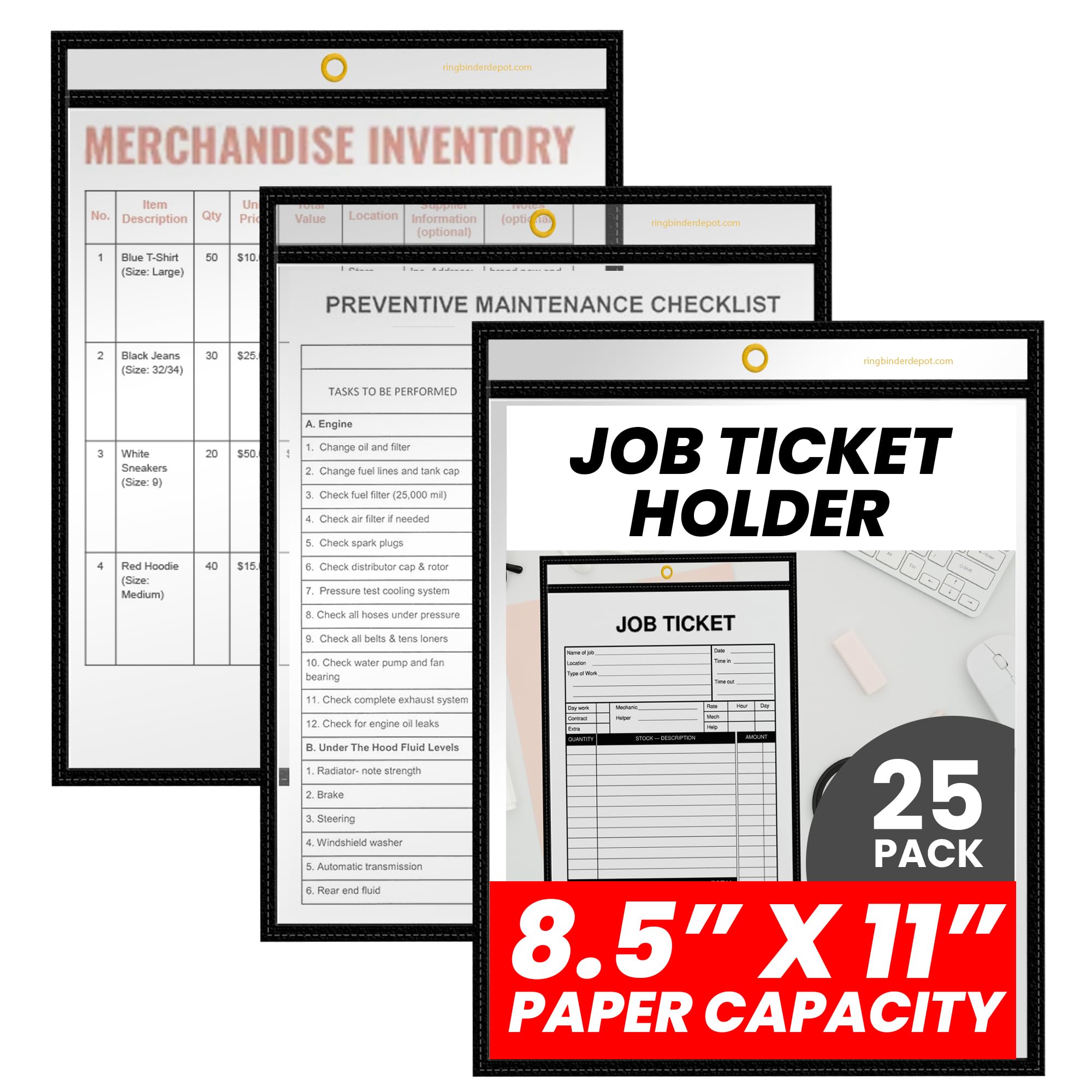 Amazon | ステッチ ドライイレース ポケット ポートレート ビュー 高耐久 再利用可能 8.5インチ X 11インチ スリーブ クリア 両面  1穴 機械 ファイルキャビネット 吊りなどに ブラック トリム (25個パック) | 紙製品 | 文房具・オフィス用品