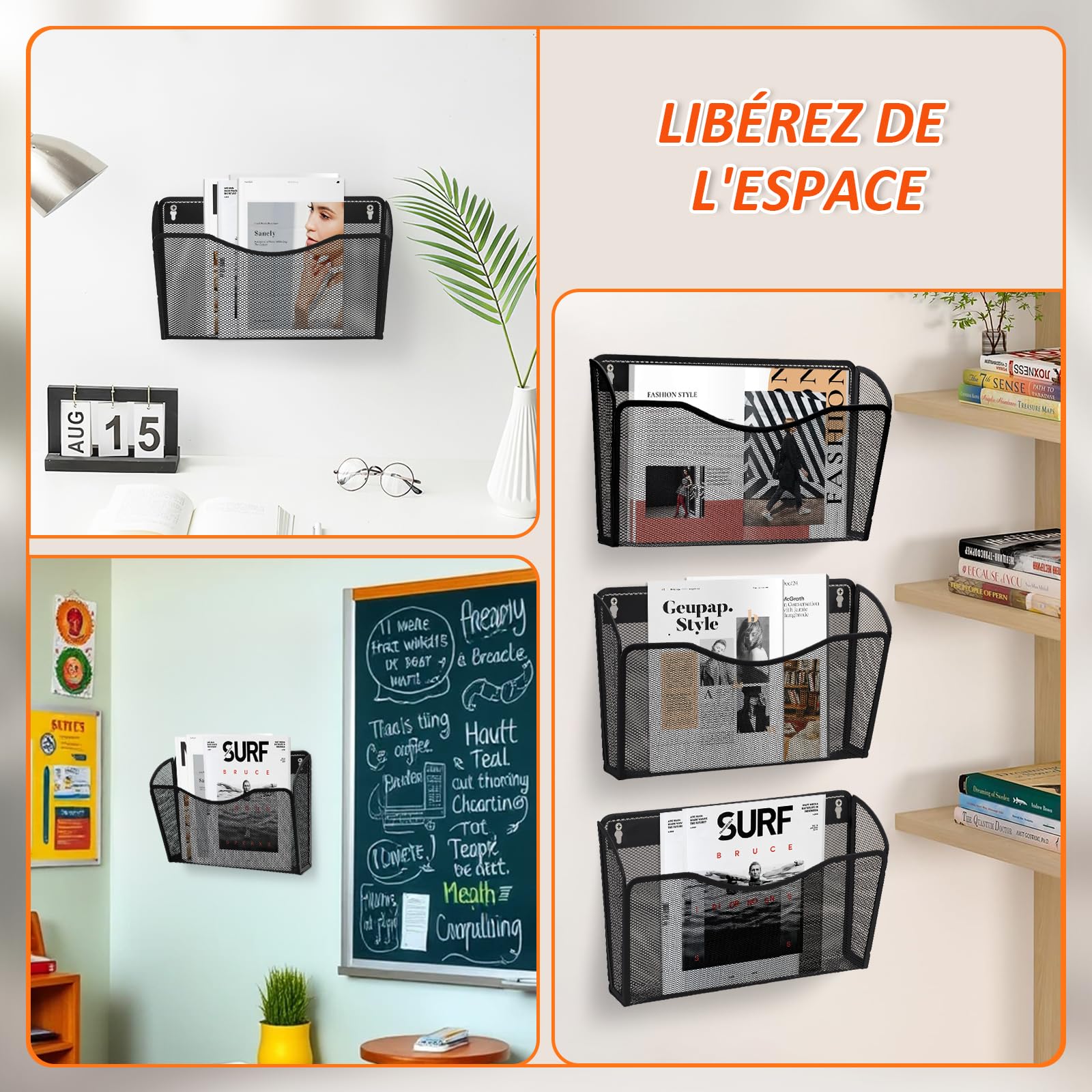 AGPTEK Porte-Documents Organiseur de Fichiers Dossiers Mural, 3 pièces, Mailles en Métal, Noir