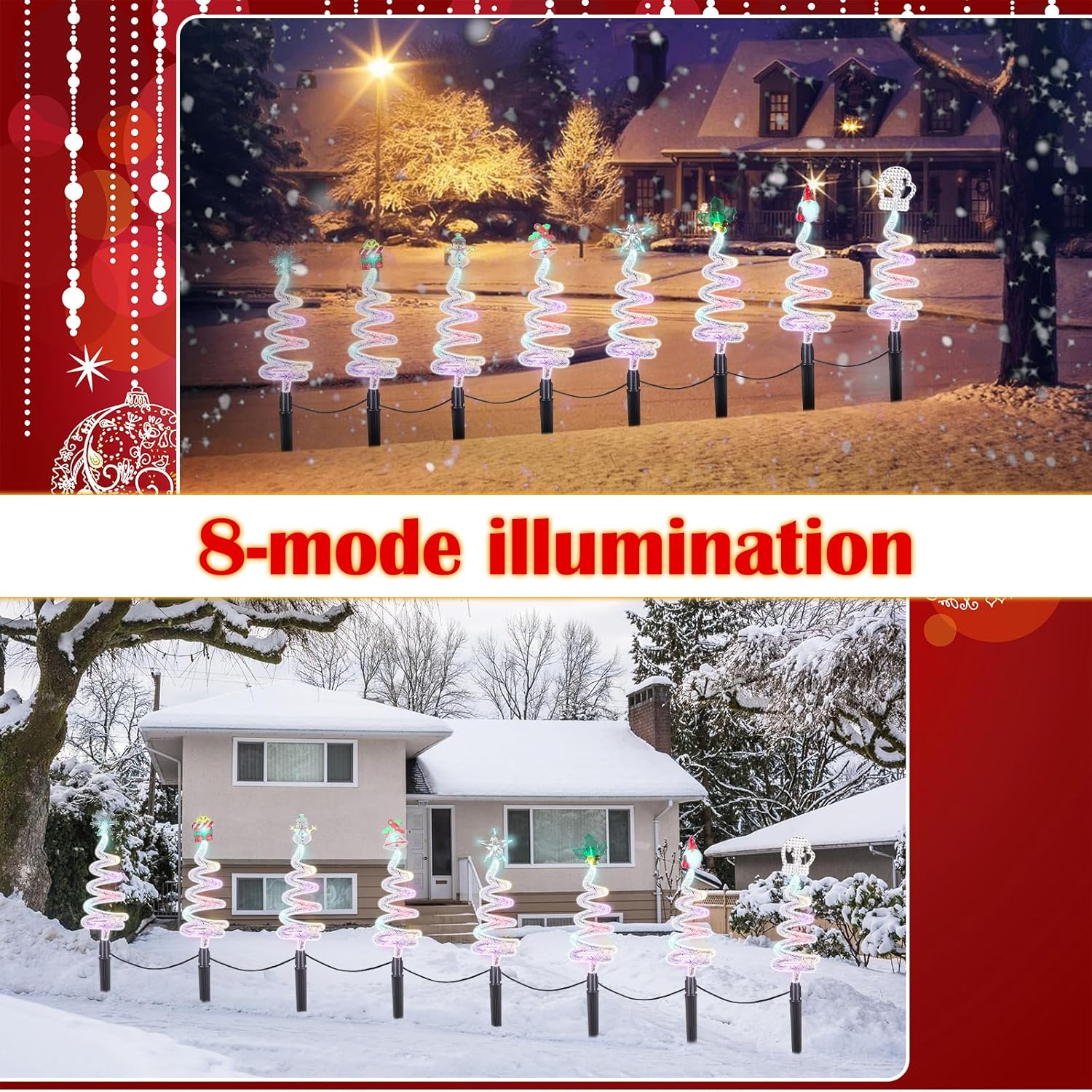8 Pcs Solar Christmas Garden Stake Lights 8 Mode Yard Landscape Path Lights Xmas Solar Christmas Decorations Outdoor Waterproof Pathway Decor for Outside Holiday Garden Patio