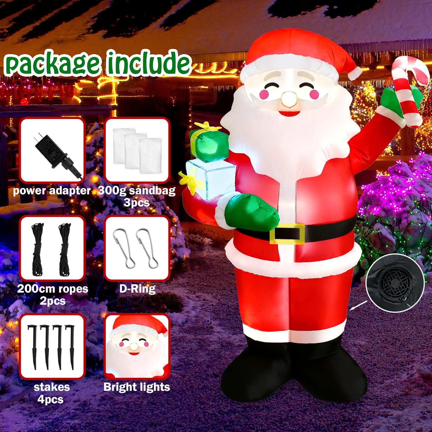 6 FT Christmas Inflatable Santa Claus with Gifts and Candy Outdoor Decor Christmas Blows up Yard Decoration with Built in LED Lights for Indoor,Holiday,Lawn,Yard