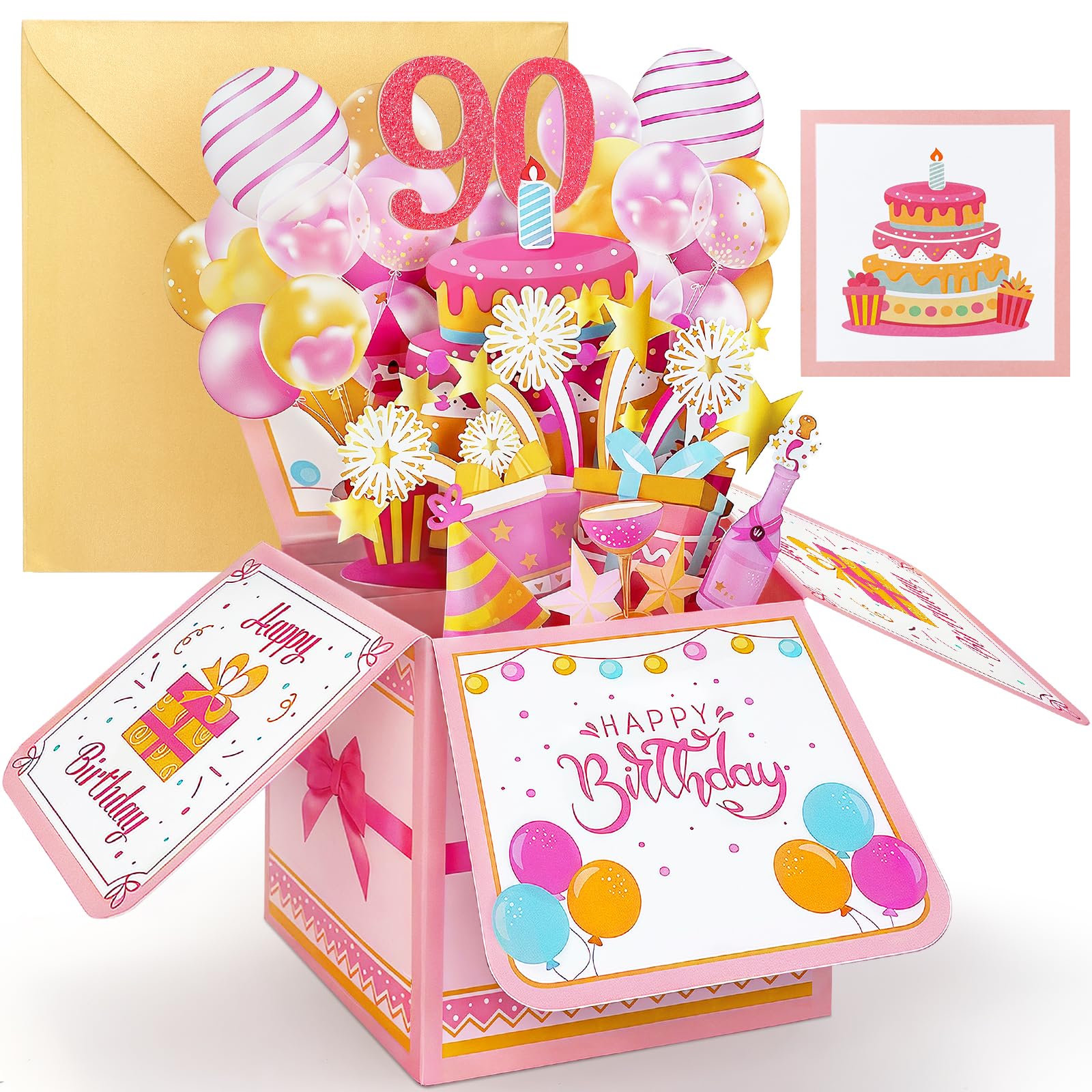 YianHien Pop Up 90th Birthday Card for Women, Mum Grandma Sister 90th Birthday Card, Pink Greeting Card Birthday Decorations Gift for Her Female Friend Ladies Nana Auntie