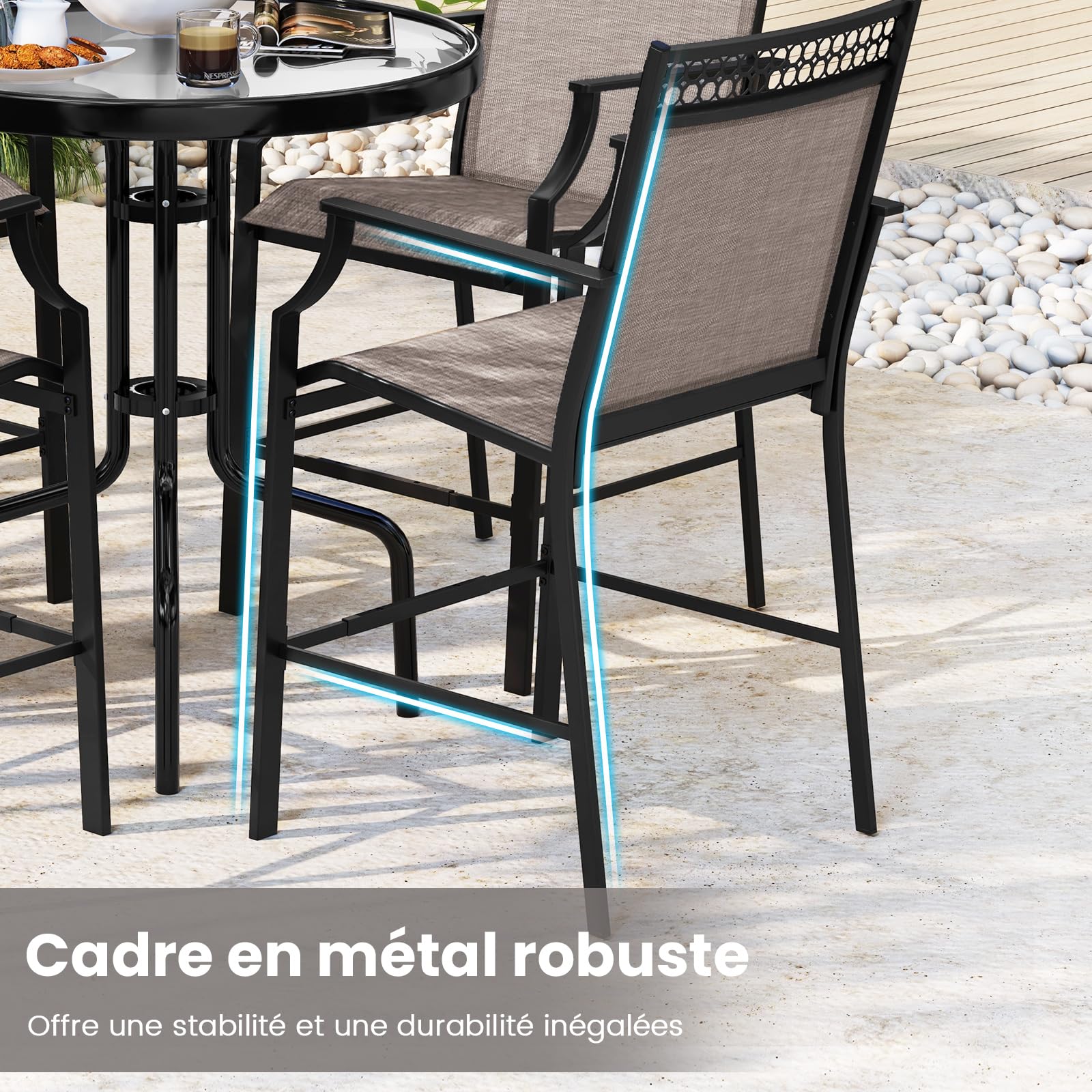COSTWAY Lot de 2 Chaises de Jardin, Chaises de Salle à Manger à Dossier Haut, Fauteuil d'Extérieur en Métal et en Teslin à Séchage Rapide, Tabourets de Bar, Charge 180 KG (66 x 62 x 114 cm,Café)
