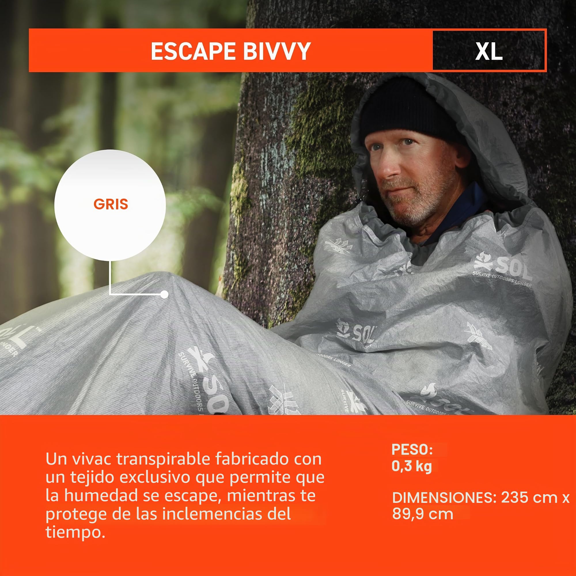 survive outdoors longer XL with Hood-Grey Sol Escape Bivvy Capucha-Gris